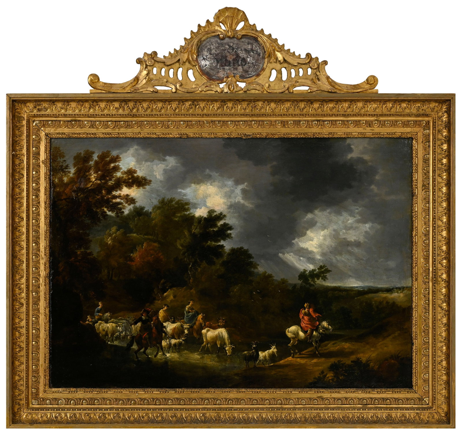 Ecole hollandaise vers 1700, Voyageurs et troupeau dans un paysage orageux, huile sur toile, 84x121  - 2