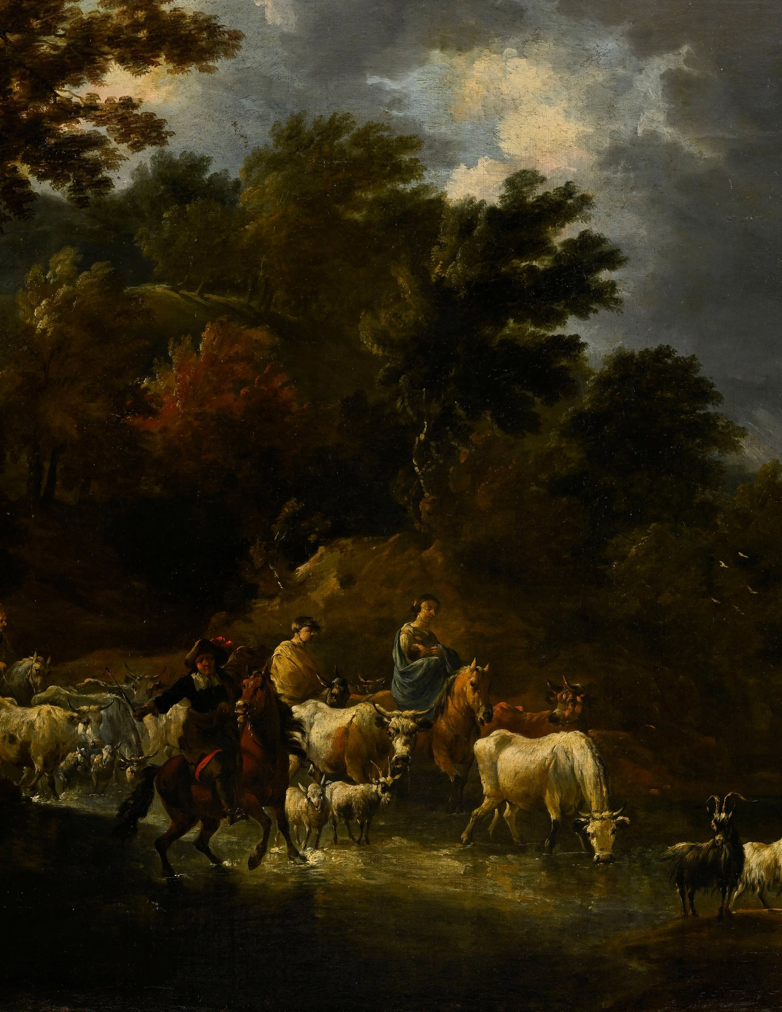 Ecole hollandaise vers 1700, Voyageurs et troupeau dans un paysage orageux, huile sur toile, 84x121  - 3