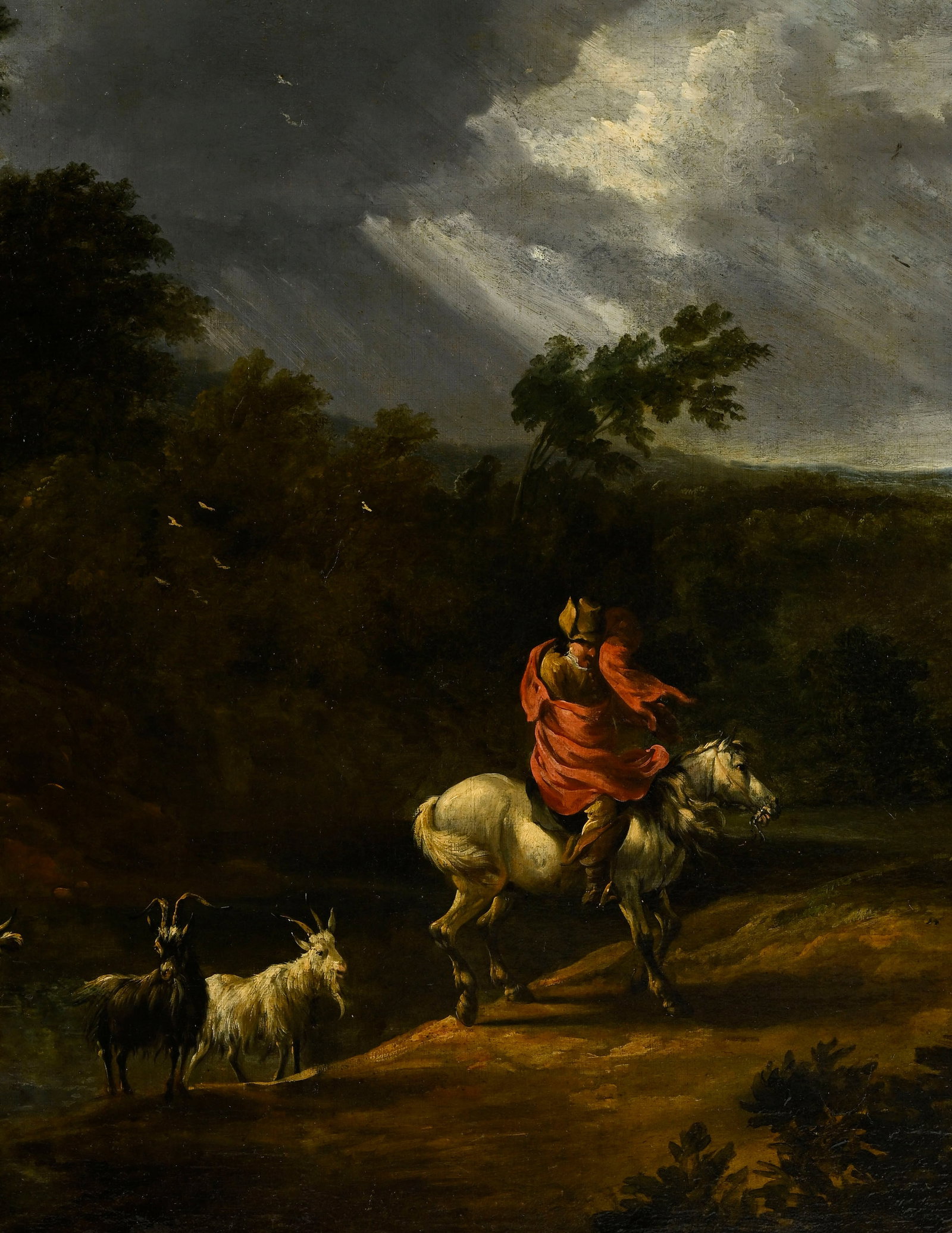 Ecole hollandaise vers 1700, Voyageurs et troupeau dans un paysage orageux, huile sur toile, 84x121  - 4