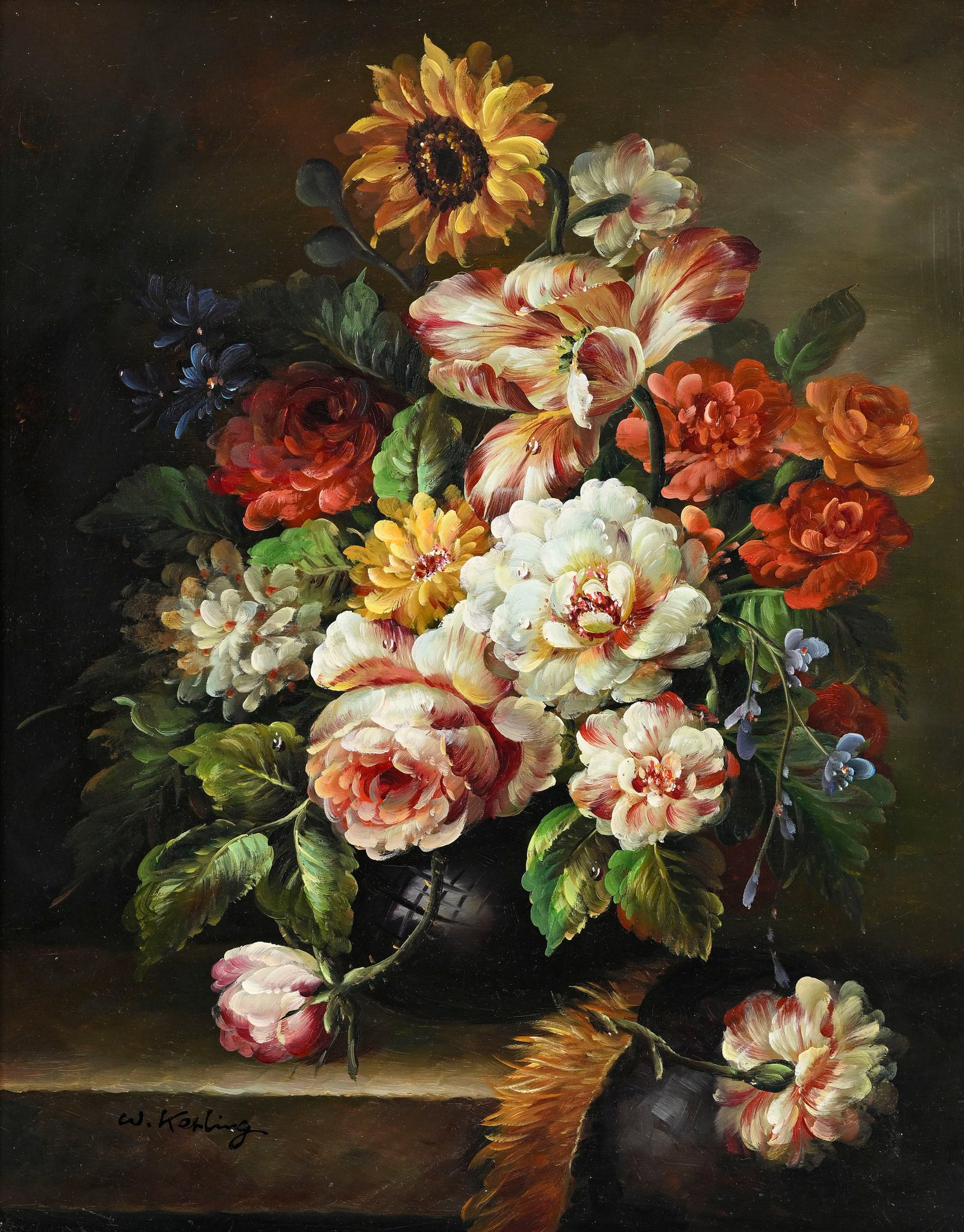 Ecole hollandaise du XVIIe, dans le goût de, Bouquet de fleurs, XXe, huile sur panneau, sign: Ecole hollandaise du XVIIe, dans le goût de, Bouquet de fleurs, XXe, huile sur panneau, signée "W. Kerling", 26x20,5 cm