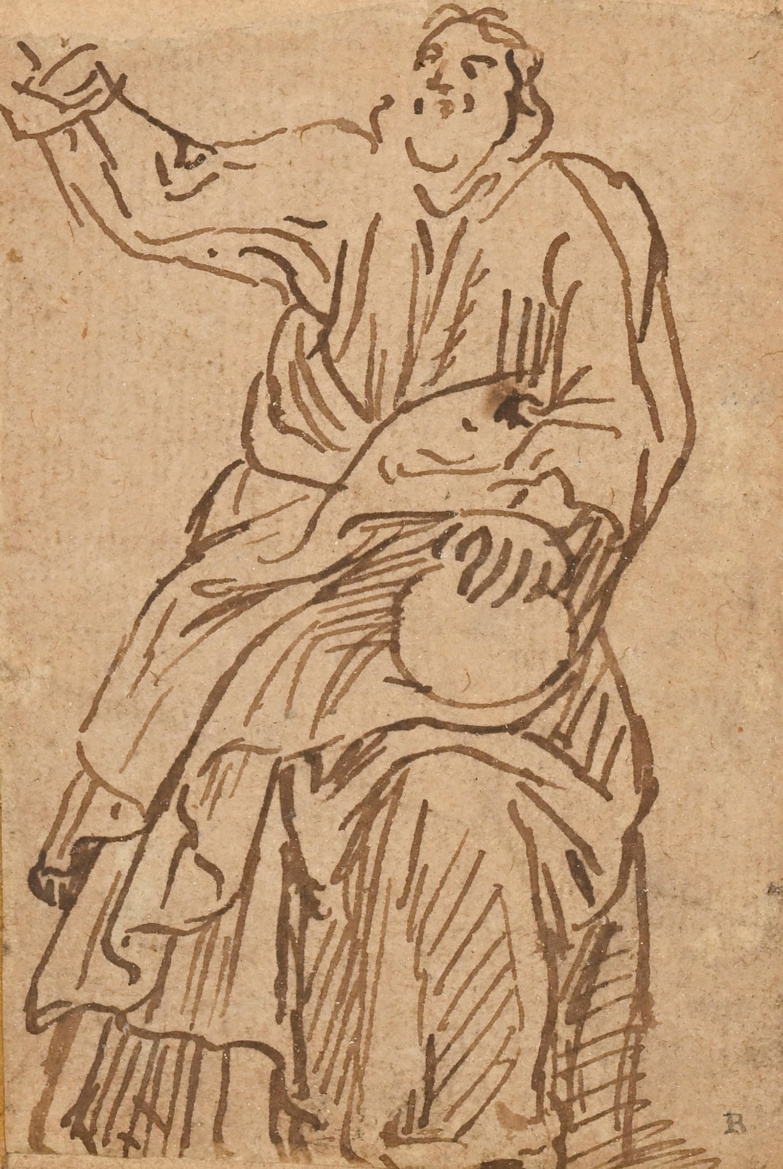 Ecole italienne du XVIIe s., Philosophe assis, encre sur papier, tampon "R" (L. 2169 ou L.2170), 9x6: Ecole italienne du XVIIe s., Philosophe assis, encre sur papier, tampon "R" (L. 2169 ou L.2170), 9x6 cm