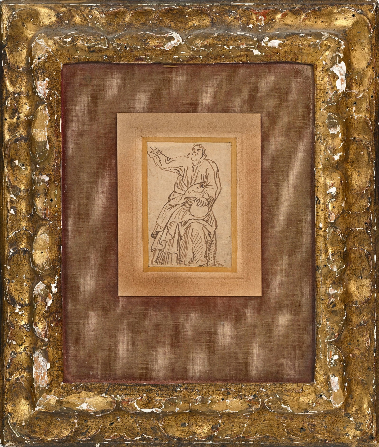 Ecole italienne du XVIIe s., Philosophe assis, encre sur papier, tampon "R" (L. 2169 ou L.2170), 9x6 - 2