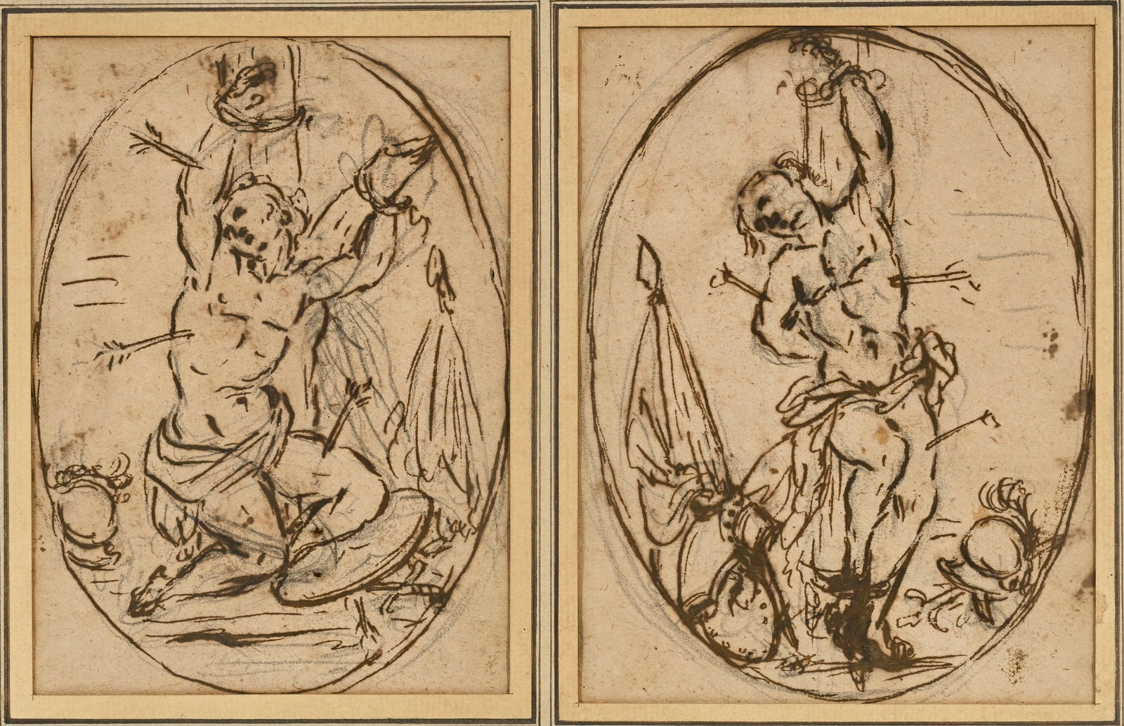 Ecole italienne du XVIIIe s., Saints martyrs, paire d'encres, plumes et mines de plomb sur papier da: Ecole italienne du XVIIIe s., Saints martyrs, paire d'encres, plumes et mines de plomb sur papier dans un même encadrement, 14,5x11 cm (à vue, chaque) Condition Les feuilles sont maintenues