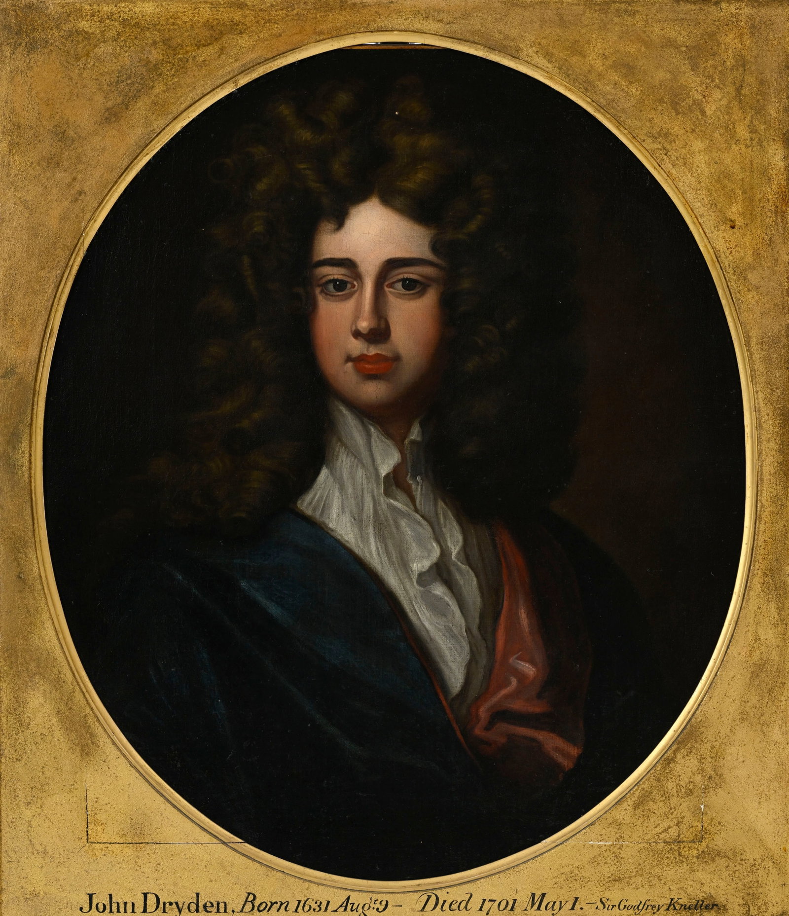 Godfrey Kneller (1646-1723), copie d'après, "Portrait de John Dryden", huile sur toile, annotat: Godfrey Kneller (1646-1723), copie d'après, "Portrait de John Dryden", huile sur toile, annotations apocryphes au verso, 73,5x61,5 cm Provenance: Famille Schlote, Göttingen, Basse-Saxe; Coll