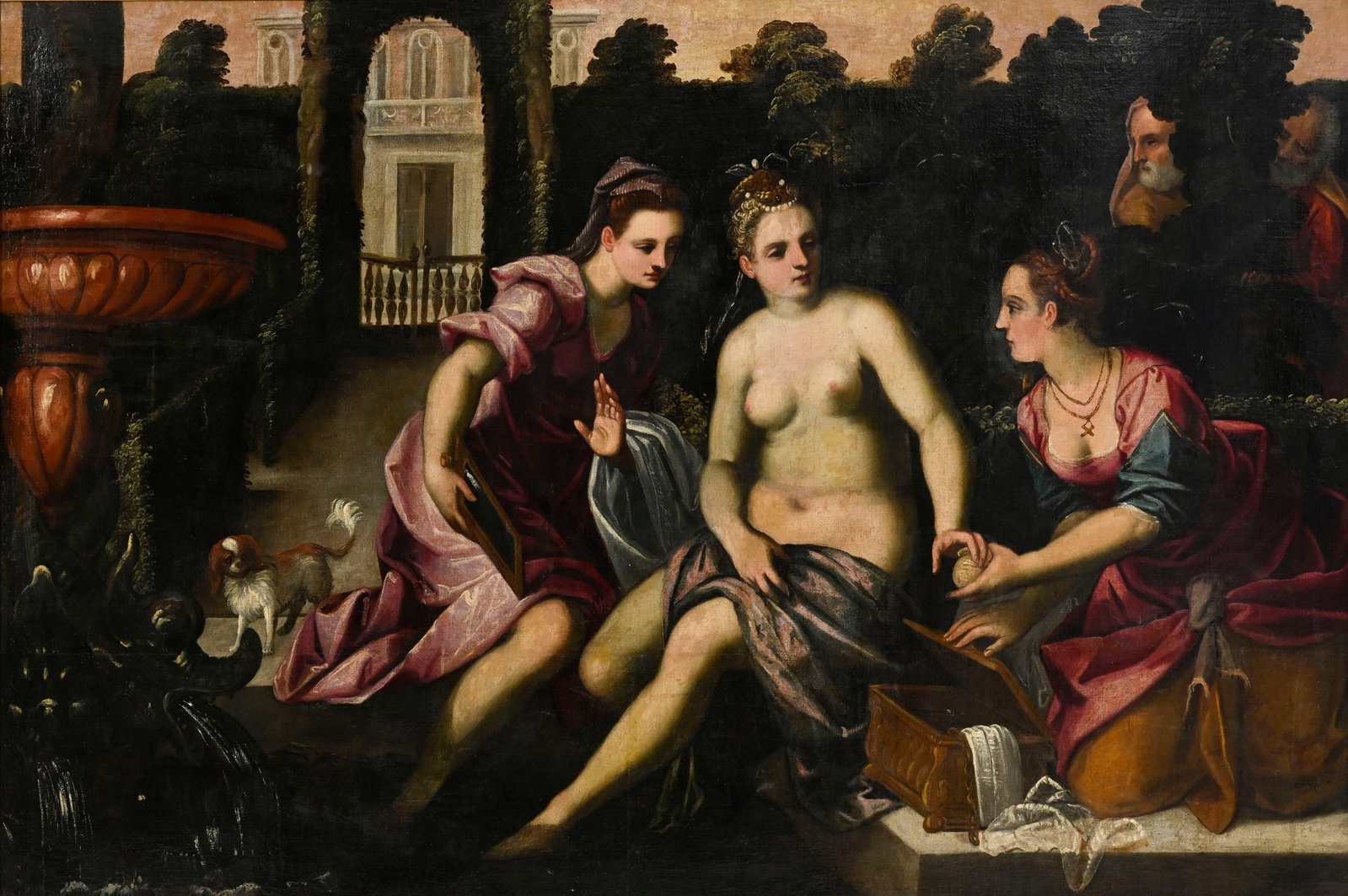 Alessandro Maganza (1556-c.1632), attribué à, Suzanne et les vieillards, huile sur toile, : Alessandro Maganza (1556-c.1632), attribué à, Suzanne et les vieillards, huile sur toile, 138x205 cm
