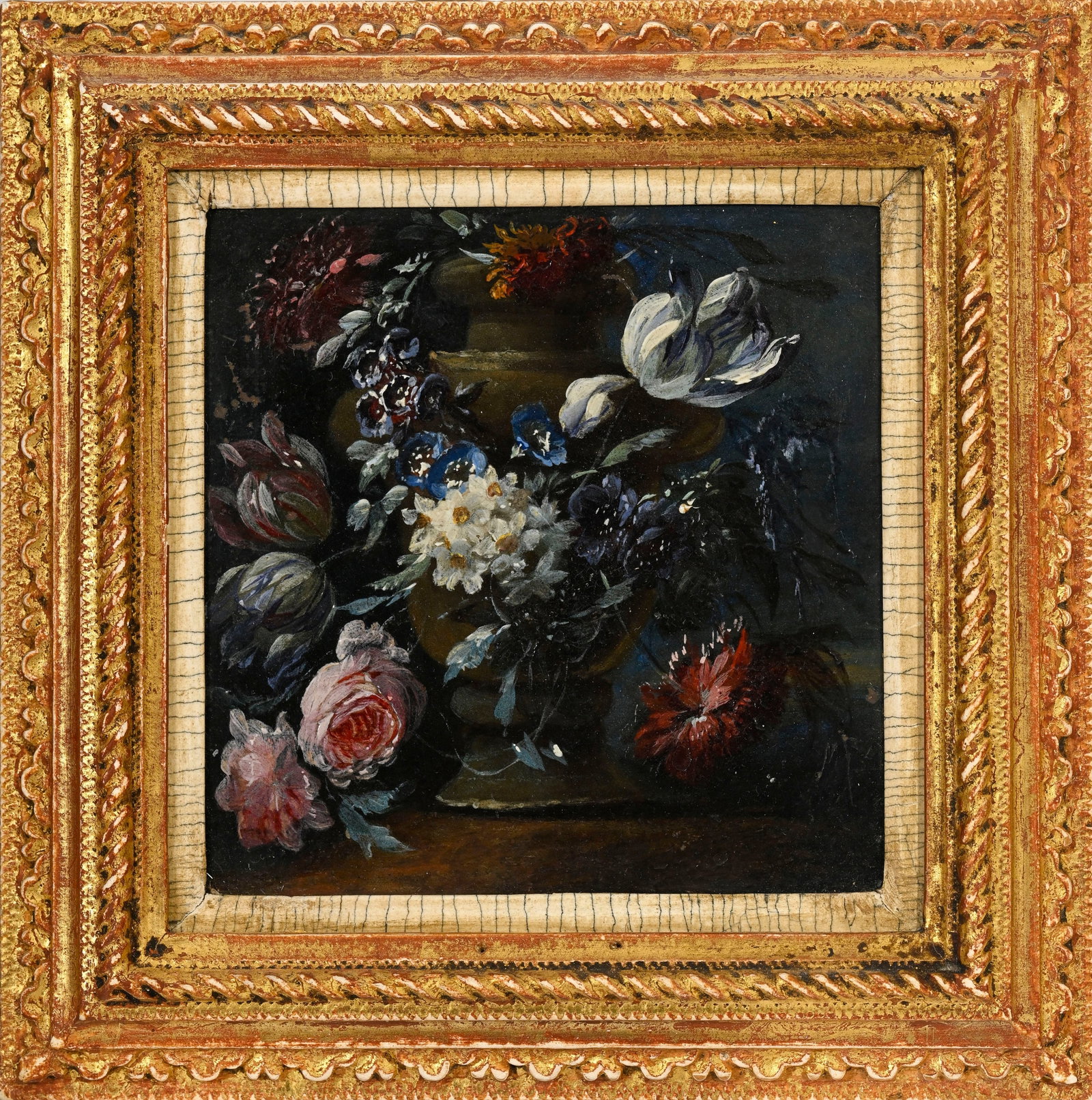 Mario Nuzzi (1603-1673), suiveur de, Nature morte, XIXe, paire d'huiles sur cuivre, 9x9 cm (à v - 6