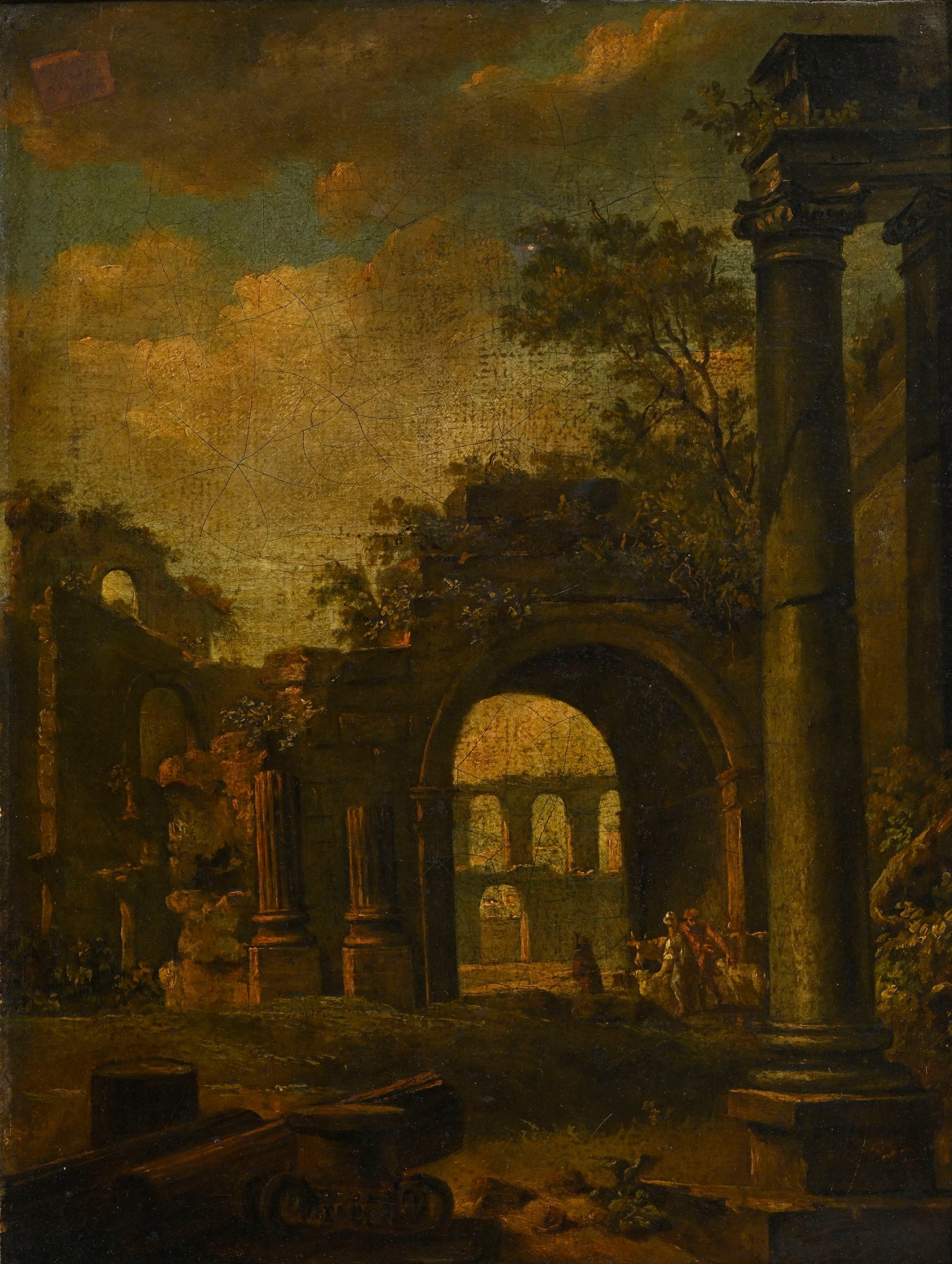 Ecole romaine du XVIIIe s., Capriccio animé, vers 1740, huile sur toile, 33x25,5 cm: Ecole romaine du XVIIIe s., Capriccio animé, vers 1740, huile sur toile, 33x25,5 cm Condition Au recto: pPrésence d'une étiquette ancienne dans l'angle supérieur gauche