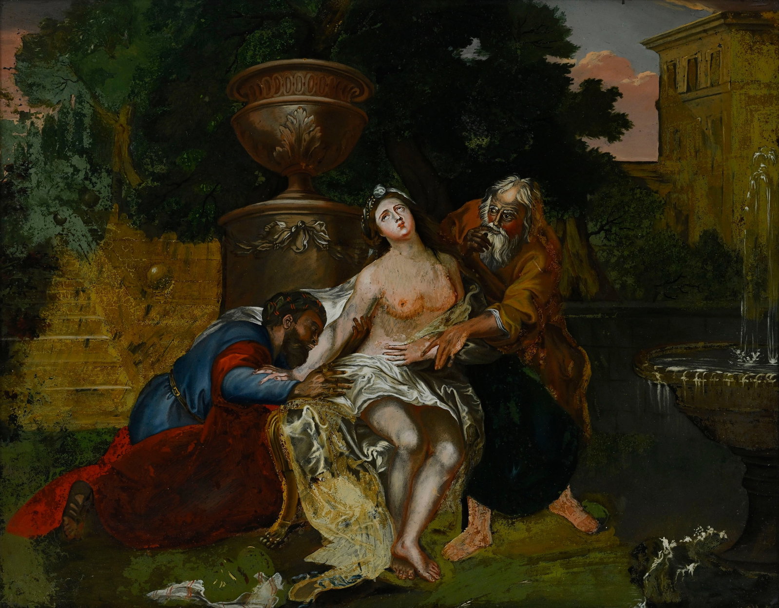 Domenico Zampieri (1581-1641), suiveur de, "Suzanne et les vieillards", XVIIIe, peinture fixée : Domenico Zampieri (1581-1641), suiveur de, "Suzanne et les vieillards", XVIIIe, peinture fixée sous verre, 33,5x43 cm (à vue)