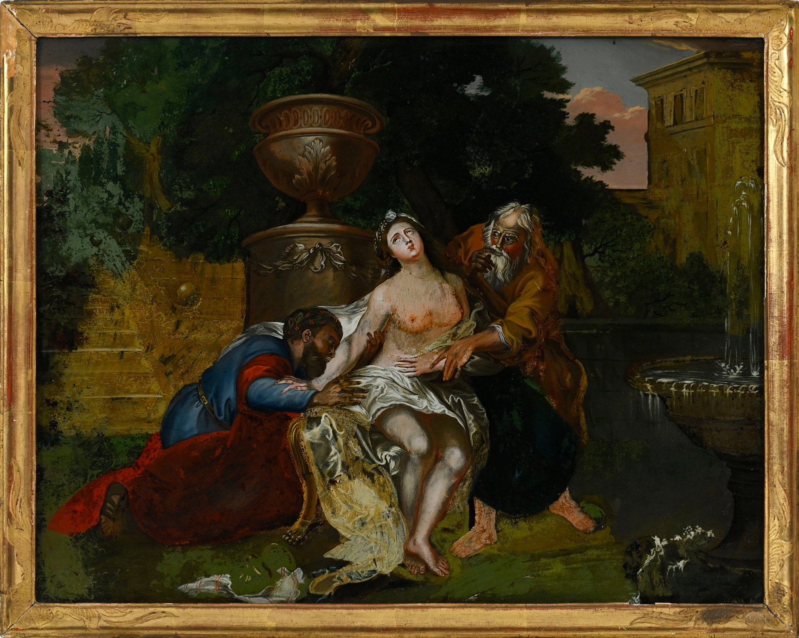 Domenico Zampieri (1581-1641), suiveur de, "Suzanne et les vieillards", XVIIIe, peinture fixée  - 2