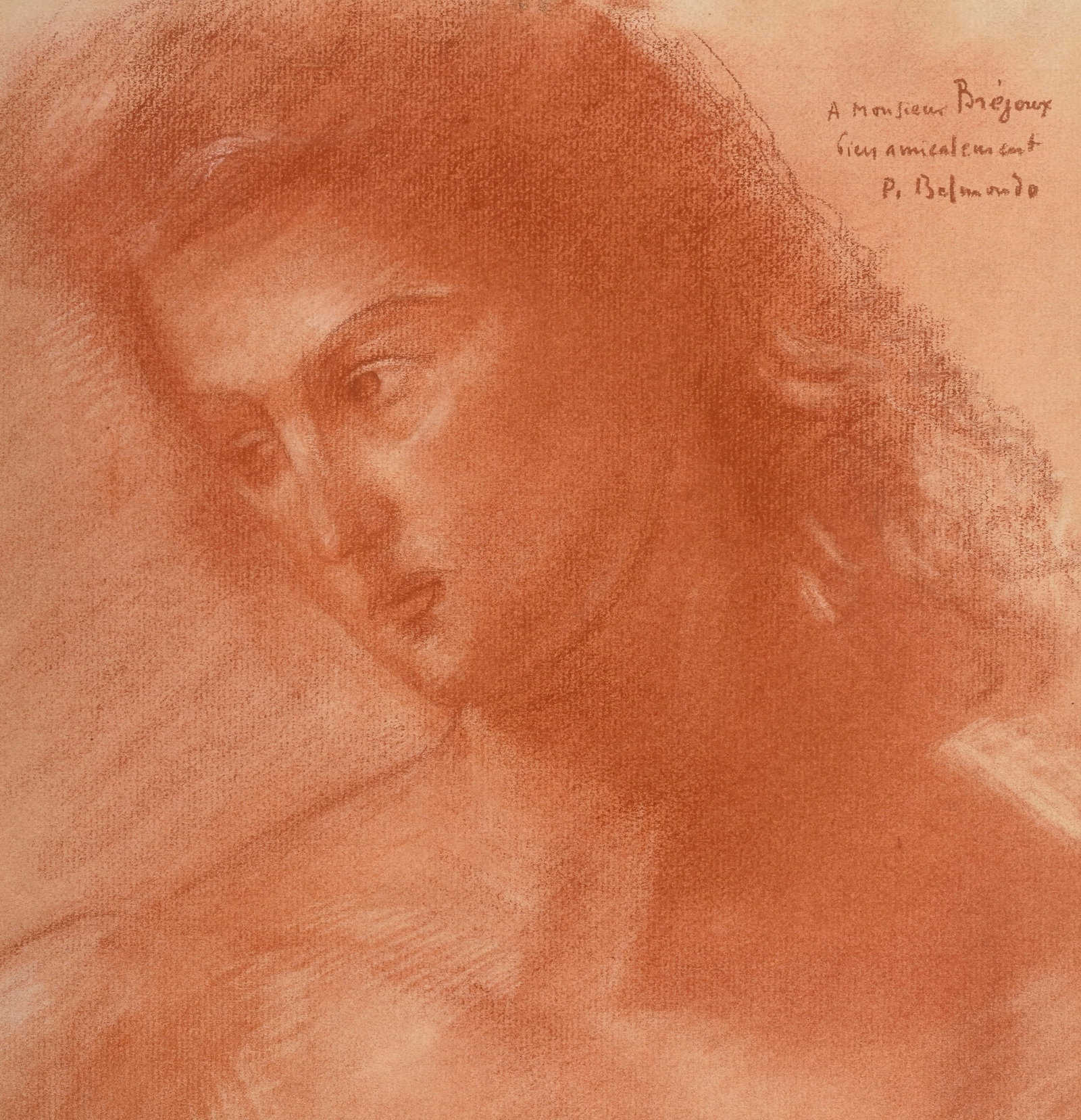 Paul Belmondo (1898-1982), Portrait de femme, sanguine sur papier, signée et dédicacé: Paul Belmondo (1898-1982), Portrait de femme, sanguine sur papier, signée et dédicacée, 27,5x26,5 cm (à vue)