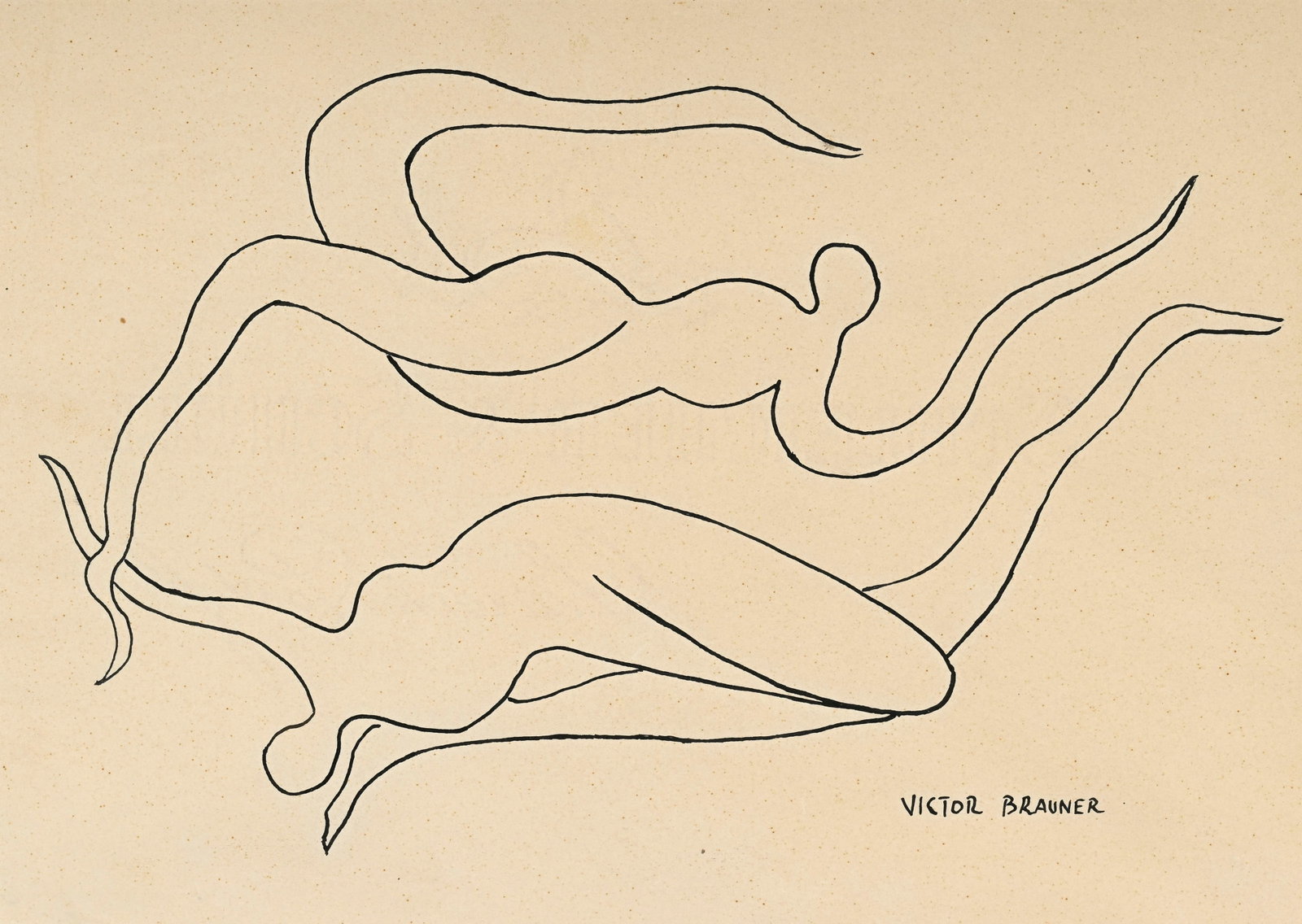 Victor Brauner (1903-1966), Silhouettes, encre sur papier, signée, 19,5x27,5 cm: Victor Brauner (1903-1966), Silhouettes, encre sur papier, signée, 19,5x27,5 cm Condition Papier légèrement oxydé Petites piqures éparses