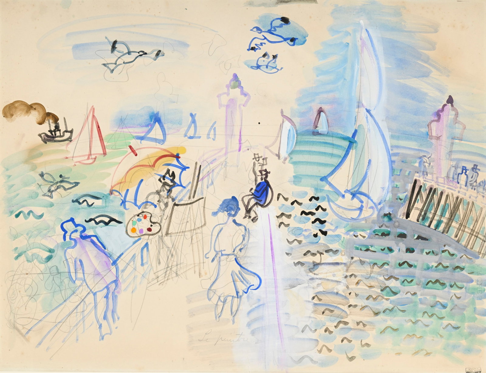 Raoul Dufy (1877-1953), "Les jetées de Trouville-Deauville", aquarelle, gouache et crayon de gr: Raoul Dufy (1877-1953), "Les jetées de Trouville-Deauville", aquarelle, gouache et crayon de graphite sur papier, tampon d'atelier "Atelier Raoul Dufy", annotée "Le peintre" au crayon, 49,5x