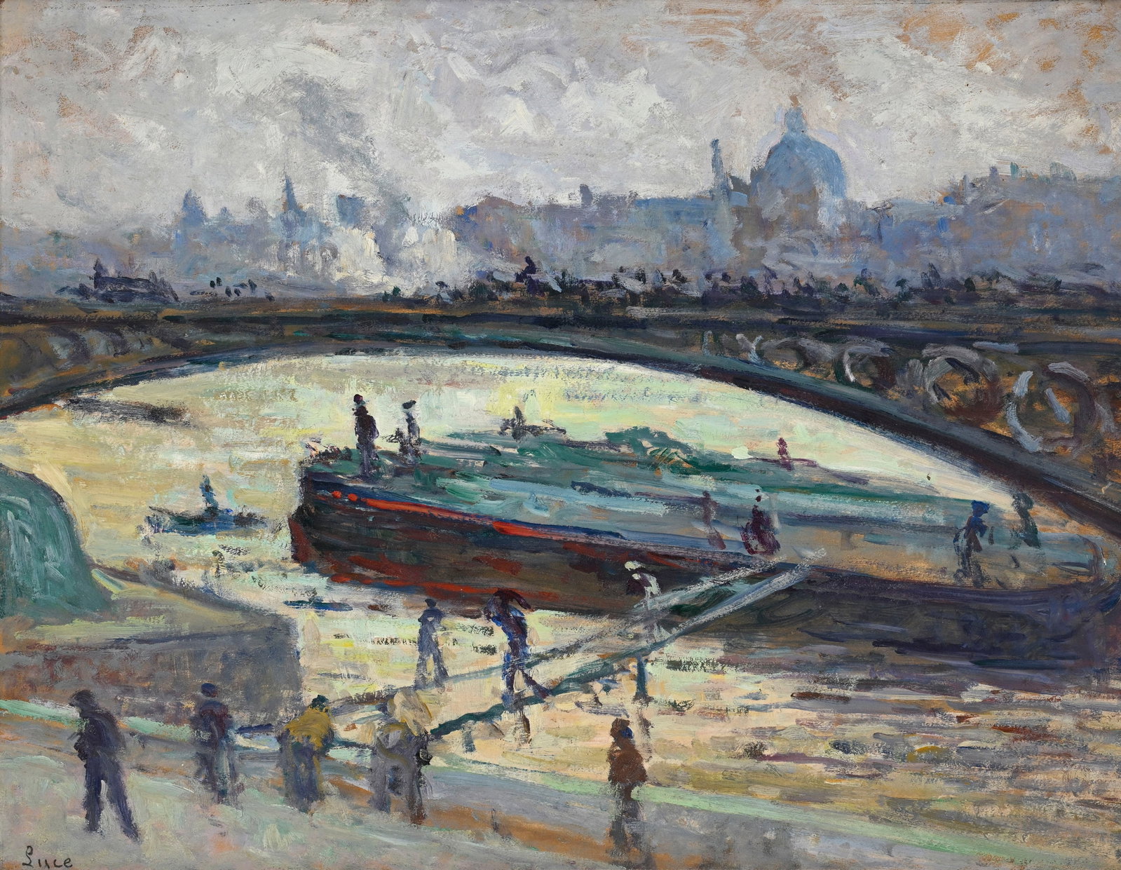 Maximilien Luce (1858-1941), "Péniches et débardeurs sur la Seine", vers 1930-1935, huile : Maximilien Luce (1858-1941), "Péniches et débardeurs sur la Seine", vers 1930-1935, huile sur carton, signée, 38x49,5 cm Provenance: Galerie Moos, Genève, le 22.03.1937;