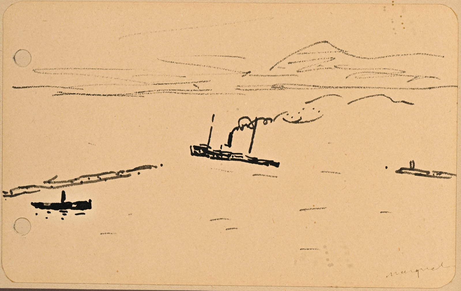 Albert Marquet (1875-1947), Bateaux dans la rade, feutre sur papier, signé, 9x14,5 cm Prov: Albert Marquet (1875-1947), Bateaux dans la rade, feutre sur papier, signé, 9x14,5 cm Provenance: Hôtel des Ventes, Genève, le 19.06.2013, lot 1158