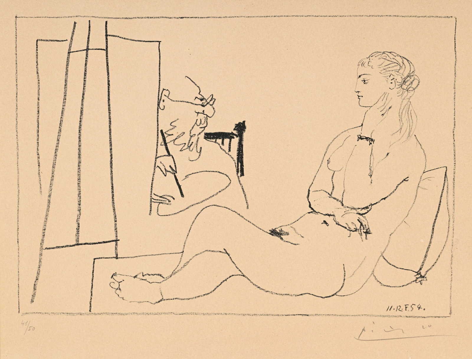 Pablo Picasso (1881-1973), "Le modèle étendu", lithographie, signée et datée "11: Pablo Picasso (1881-1973), "Le modèle étendu", lithographie, signée et datée "11.12.54" dans la plaque, contresignée et numérotée 41/50 au crayon, 25x33 cm (à
