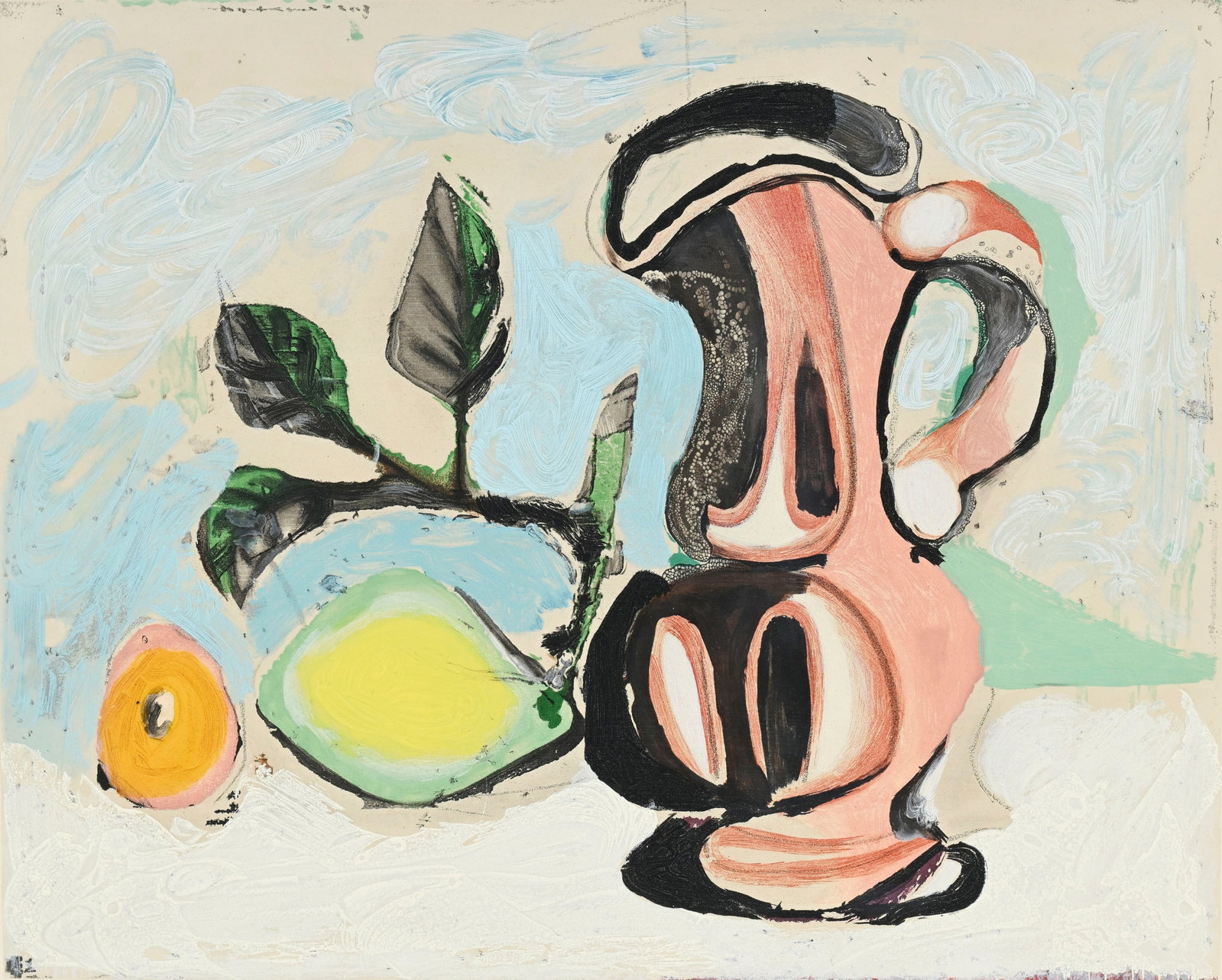 Pablo Picasso (1881-1973), d'après, "Nature morte au citron et pichet rouge", gravure en couleu: Pablo Picasso (1881-1973), d'après, "Nature morte au citron et pichet rouge", gravure en couleurs par Crommelynck, signée et numérotée 69/300, timbre sec en bas à gauche "Atel