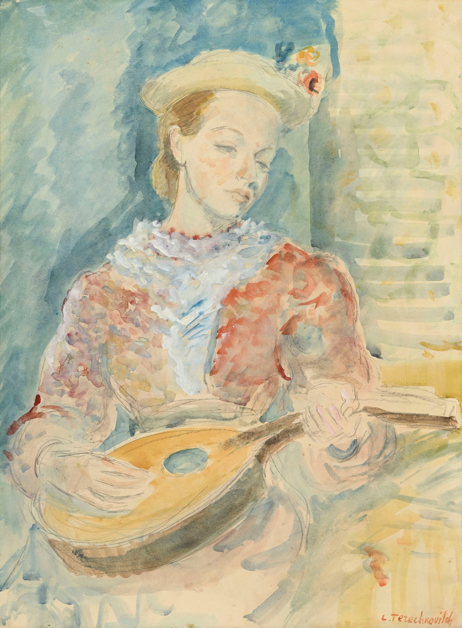 Constantin Andréevitch Terechkovitch (1902-1978), Femme à la mandoline, aquarelle, gouache: Constantin Andréevitch Terechkovitch (1902-1978), Femme à la mandoline, aquarelle, gouache et crayon sur papier, signée, 57,5x42,5 cm (à vue) Provenance: Collection privée,
