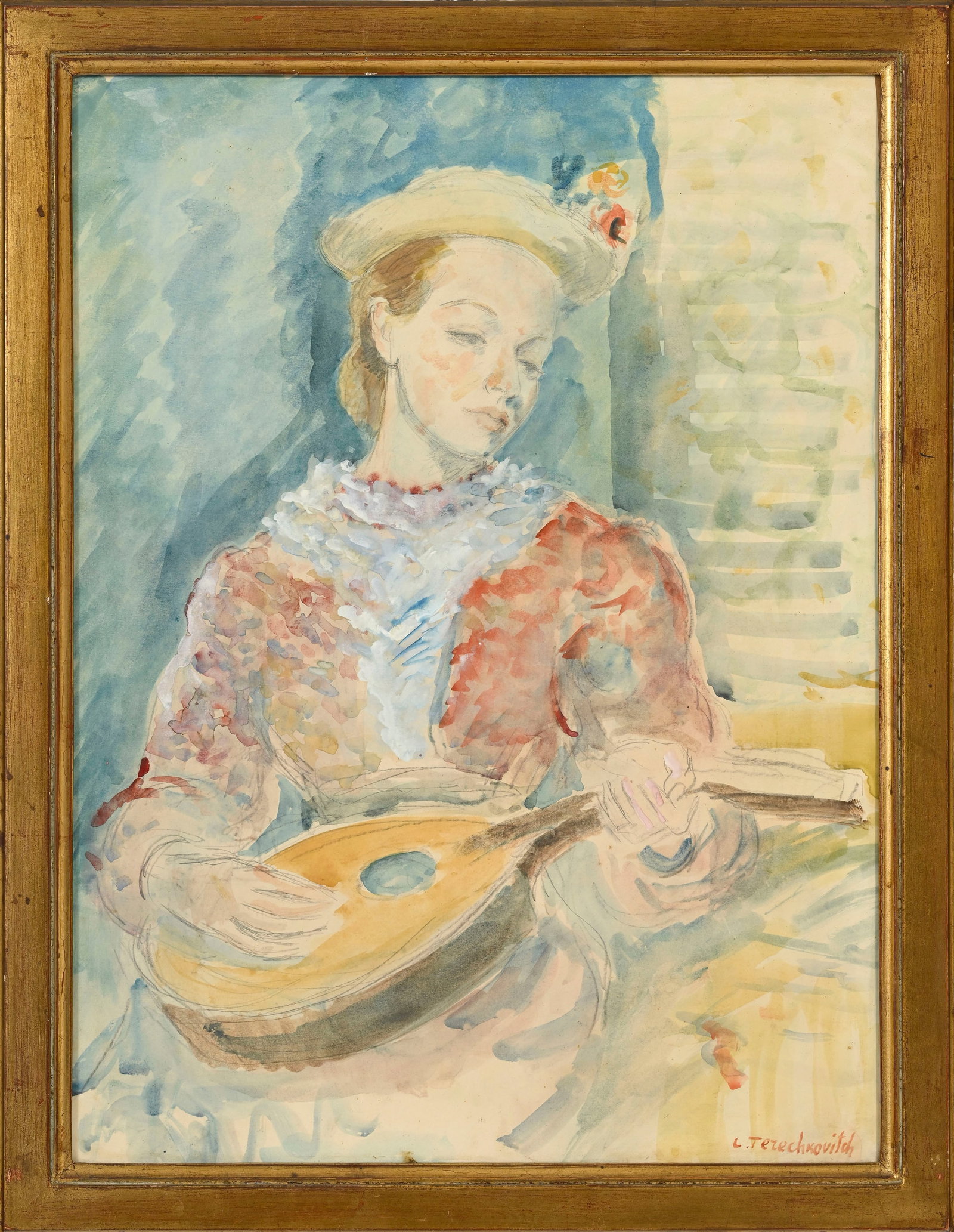 Constantin Andréevitch Terechkovitch (1902-1978), Femme à la mandoline, aquarelle, gouache - 2