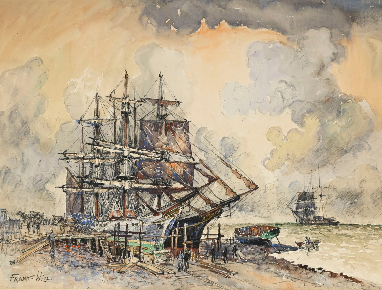 Frank Will (1900-1950), Trois-mâts à quai, aquarelle et pierre noire sur papier, signé: Frank Will (1900-1950), Trois-mâts à quai, aquarelle et pierre noire sur papier, signée, 44x58 cm (à vue)