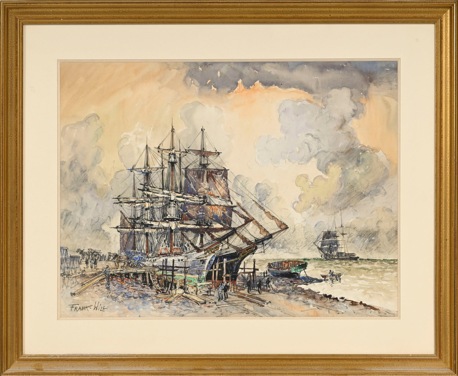 Frank Will (1900-1950), Trois-mâts à quai, aquarelle et pierre noire sur papier, signé - 2