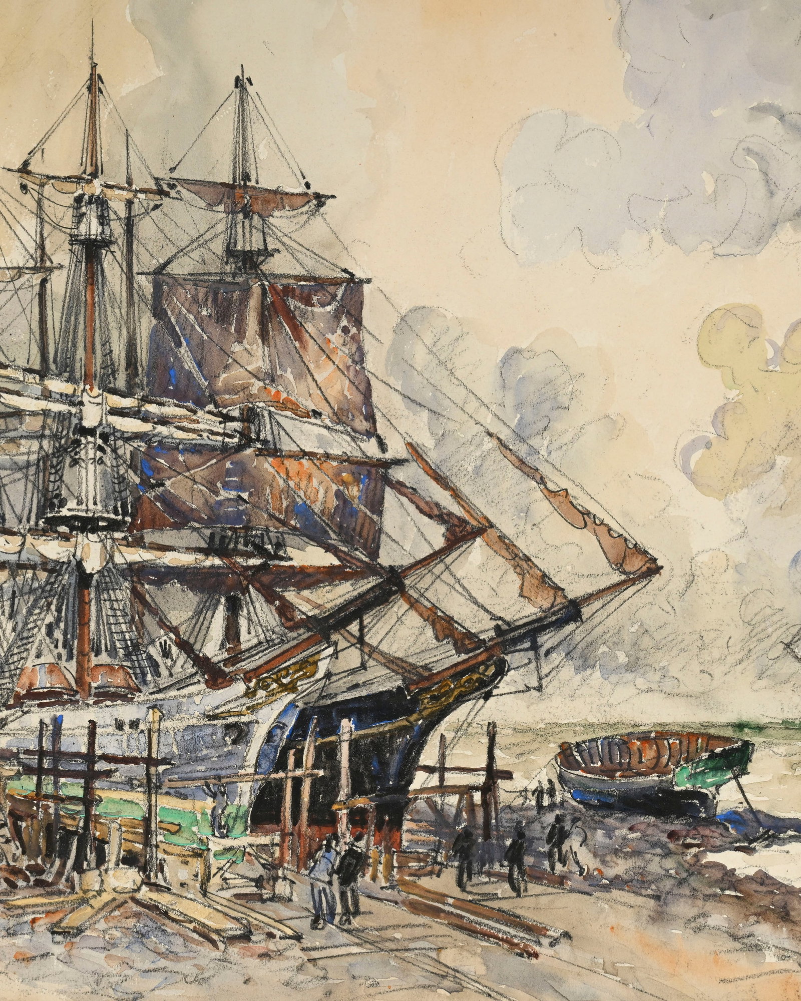 Frank Will (1900-1950), Trois-mâts à quai, aquarelle et pierre noire sur papier, signé - 3