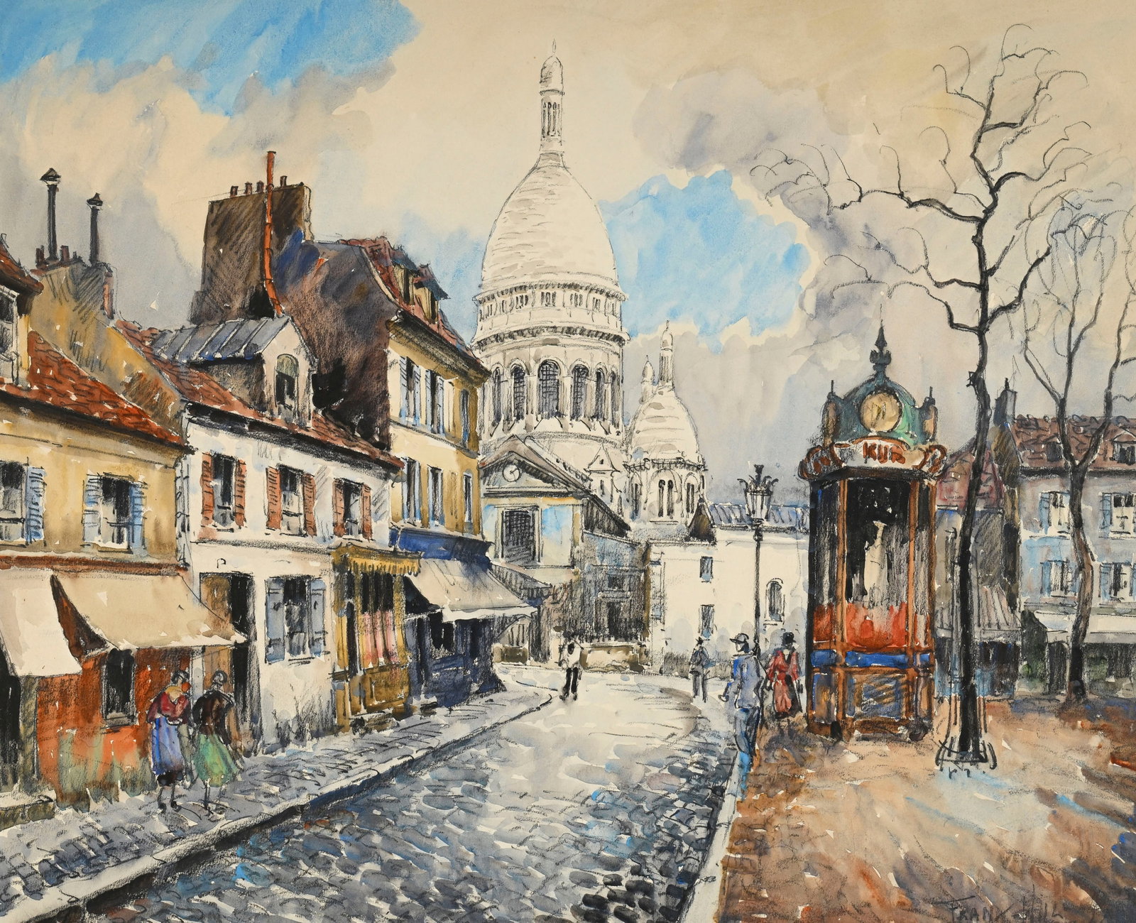 Frank Will (1900-1950), Vue du Sacré-Cœur depuis la place du Tertre, aquarelle et pierre n: Frank Will (1900-1950), Vue du Sacré-Cœur depuis la place du Tertre, aquarelle et pierre noire sur papier, signée, 43x53 cm (à vue)