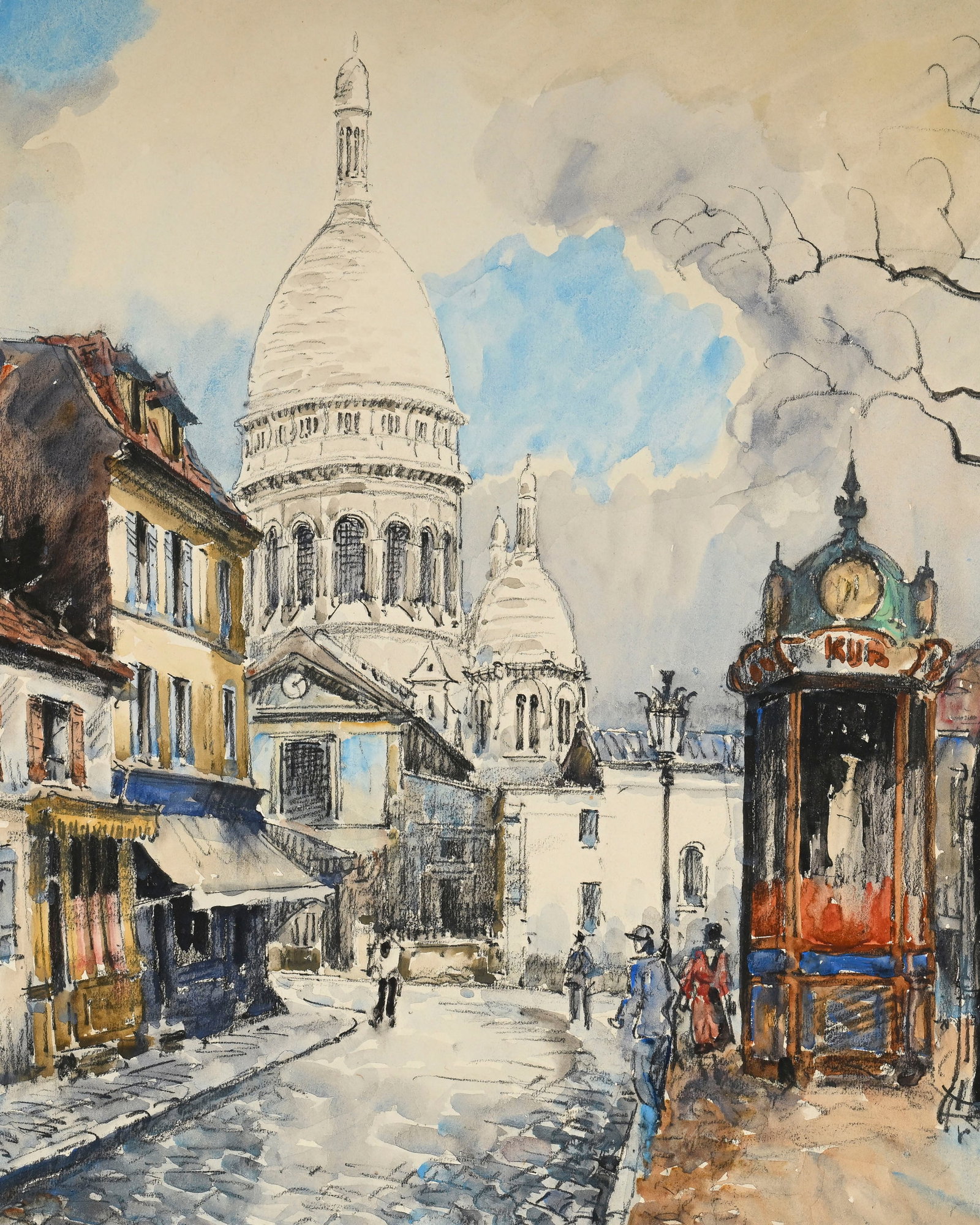 Frank Will (1900-1950), Vue du Sacré-Cœur depuis la place du Tertre, aquarelle et pierre n - 3