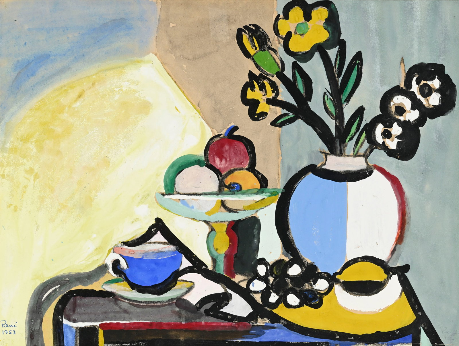 Ecole du XXe s., Nature morte au vase fleuri et fruits, 1953, gouache et encre de Chine sur papier, : Ecole du XXe s., Nature morte au vase fleuri et fruits, 1953, gouache et encre de Chine sur papier, signée "René" et datée, 46x60,5 cm (à vue)