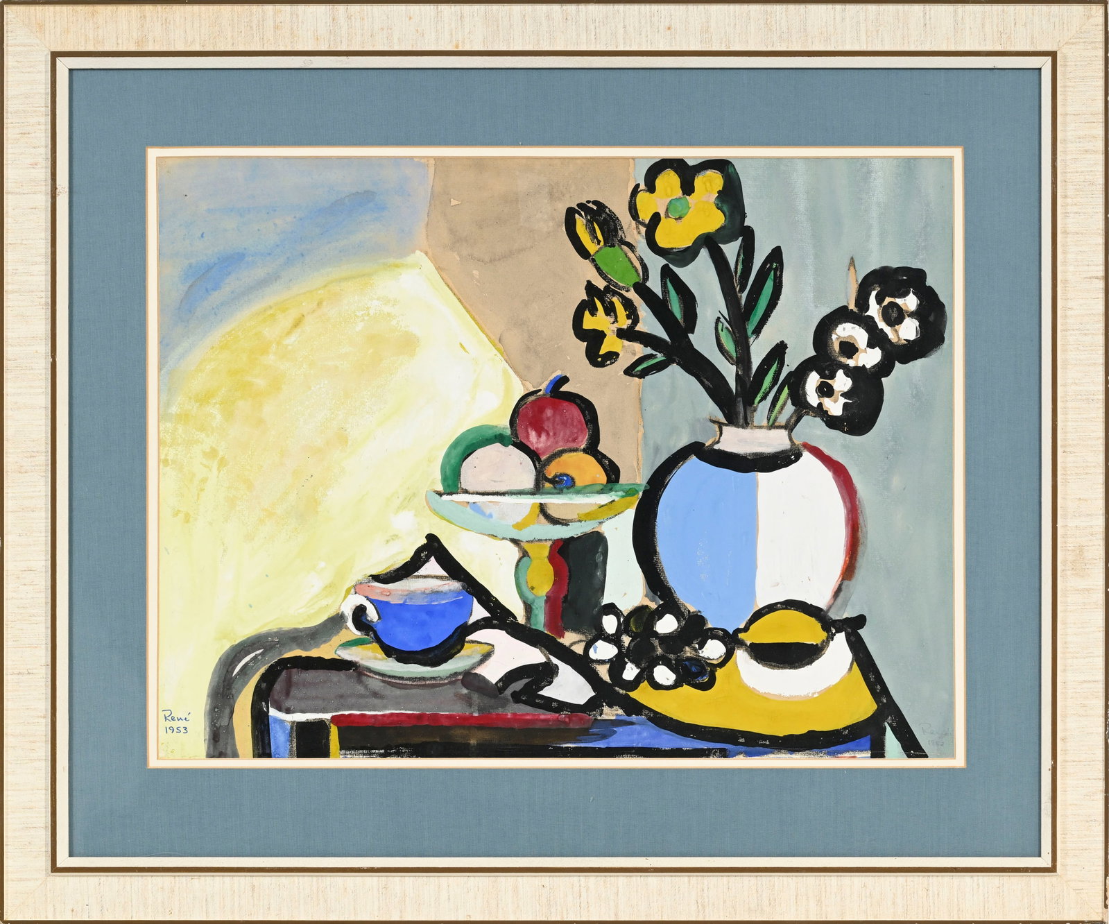 Ecole du XXe s., Nature morte au vase fleuri et fruits, 1953, gouache et encre de Chine sur papier,  - 2