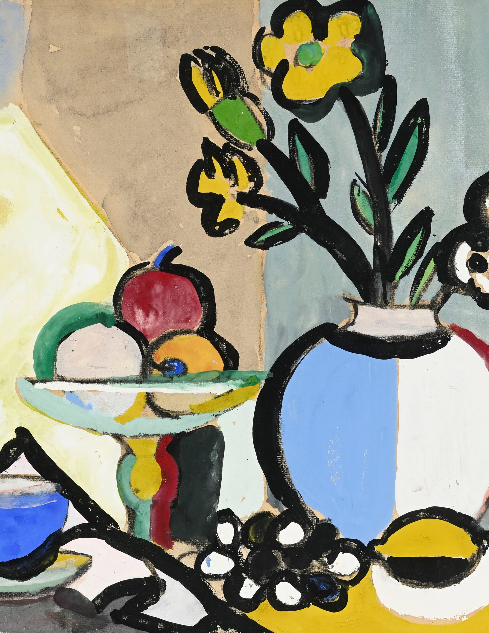 Ecole du XXe s., Nature morte au vase fleuri et fruits, 1953, gouache et encre de Chine sur papier,  - 3