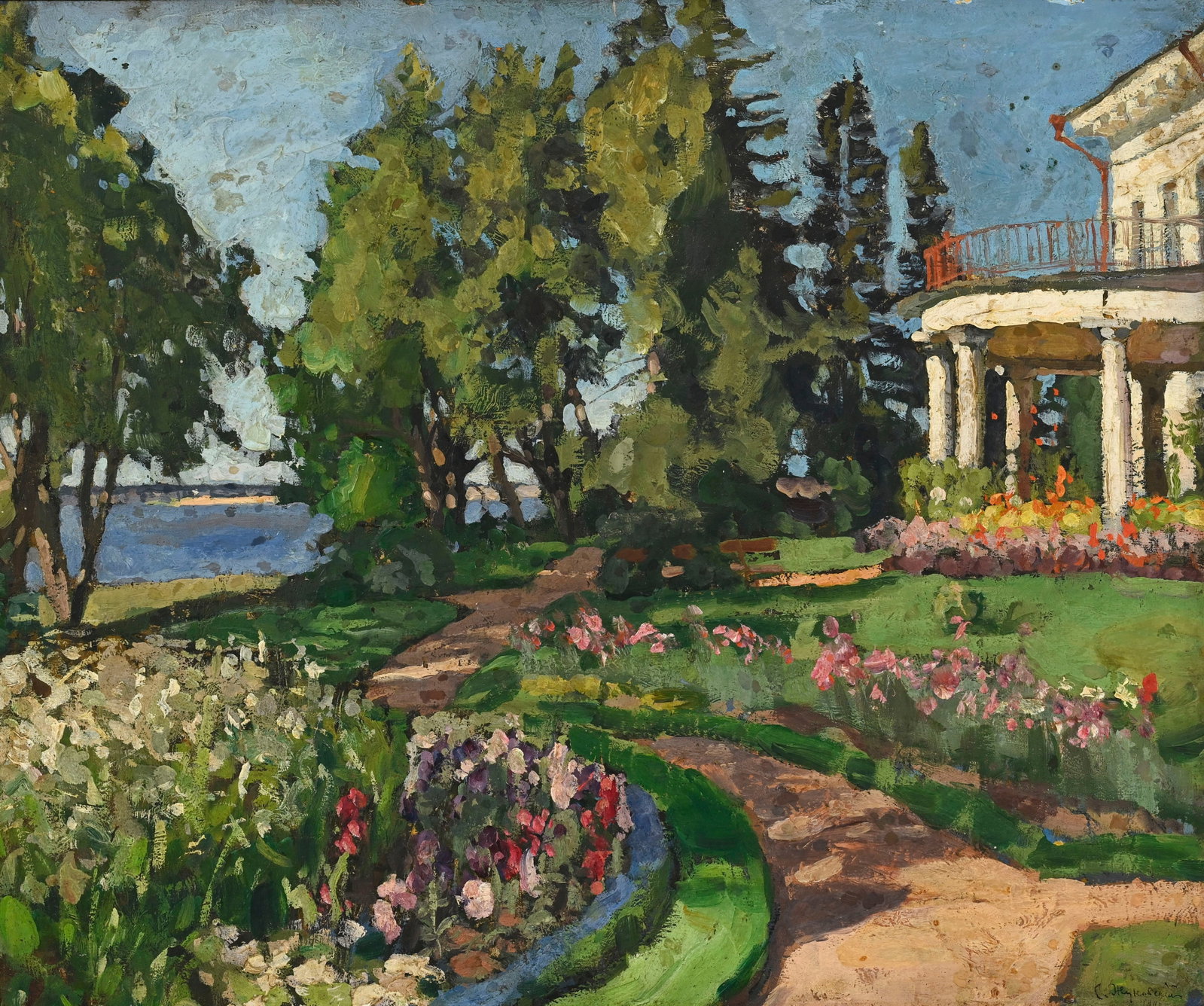 Stanislaw Zukowski (1873-1944), Villa et jardin fleuri au bord de l'eau, 1906, huile sur panneau, si: Stanislaw Zukowski (1873-1944), Villa et jardin fleuri au bord de l'eau, 1906, huile sur panneau, signée et datée, 45,5x54 cm (à vue) Provenance: Collection de Leonid Kosloff, depuis au
