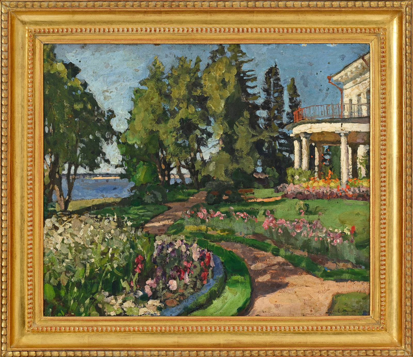 Stanislaw Zukowski (1873-1944), Villa et jardin fleuri au bord de l'eau, 1906, huile sur panneau, si - 2
