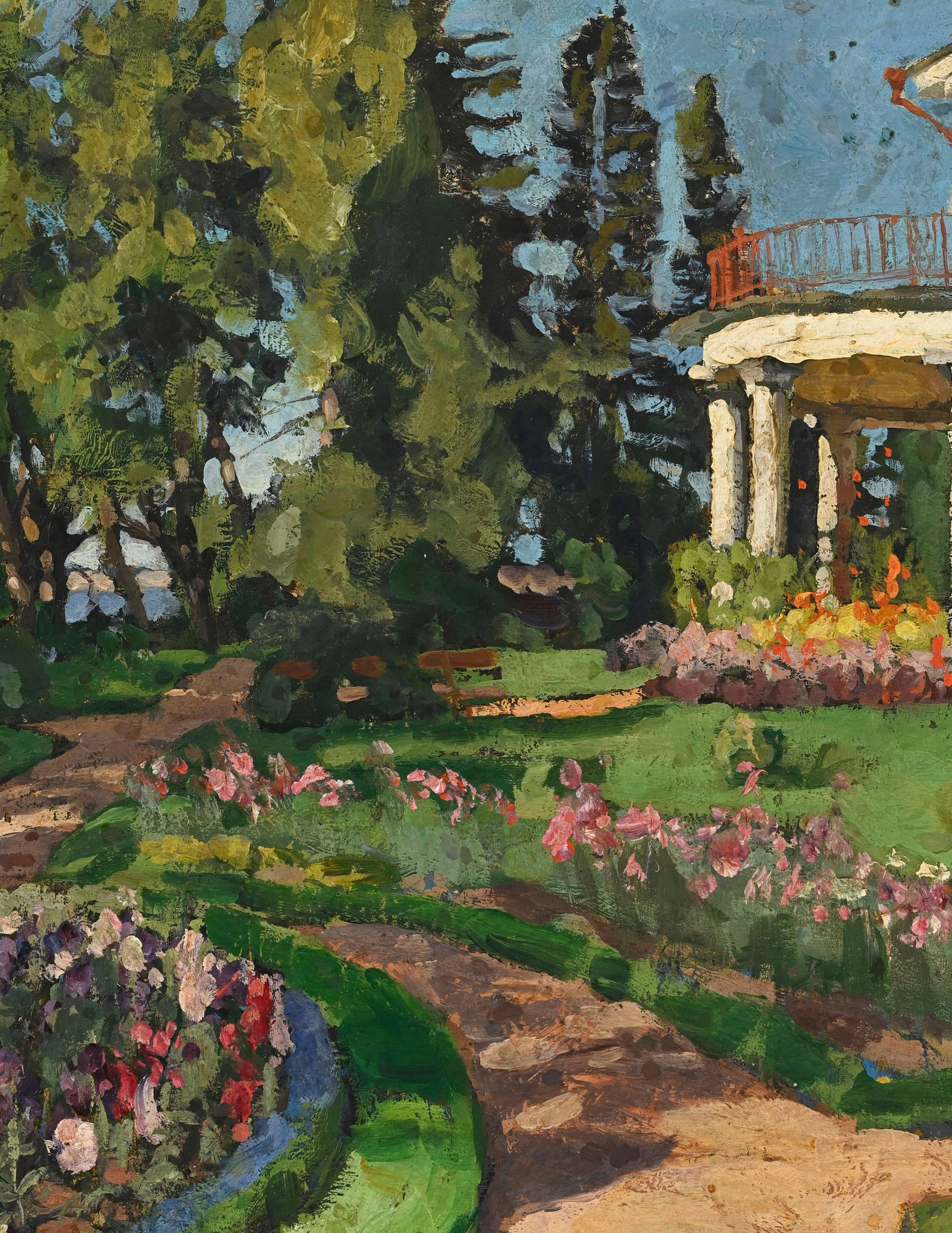 Stanislaw Zukowski (1873-1944), Villa et jardin fleuri au bord de l'eau, 1906, huile sur panneau, si - 3