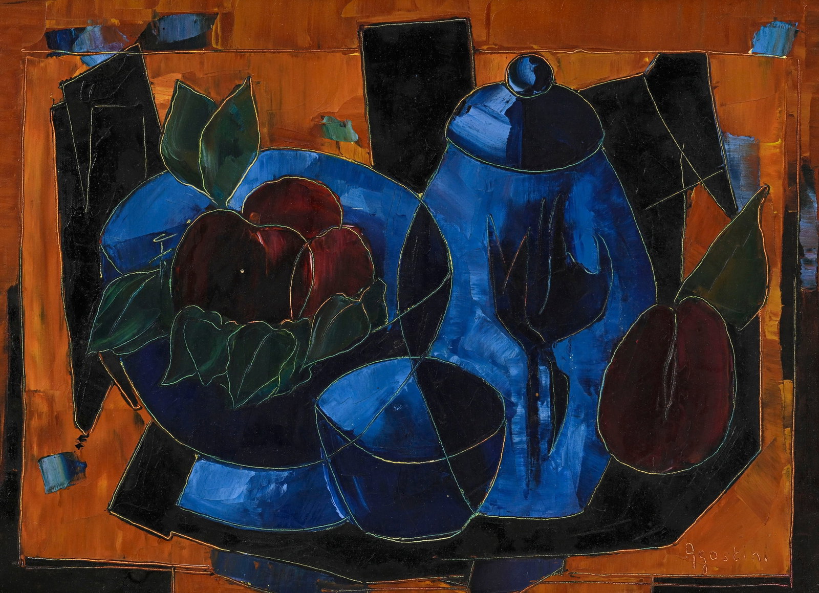 Tony Agostini (1916-1990), "Les 3 pêches", huile sur toile, signée, 24x33,5 cm: Tony Agostini (1916-1990), "Les 3 pêches", huile sur toile, signée, 24x33,5 cm