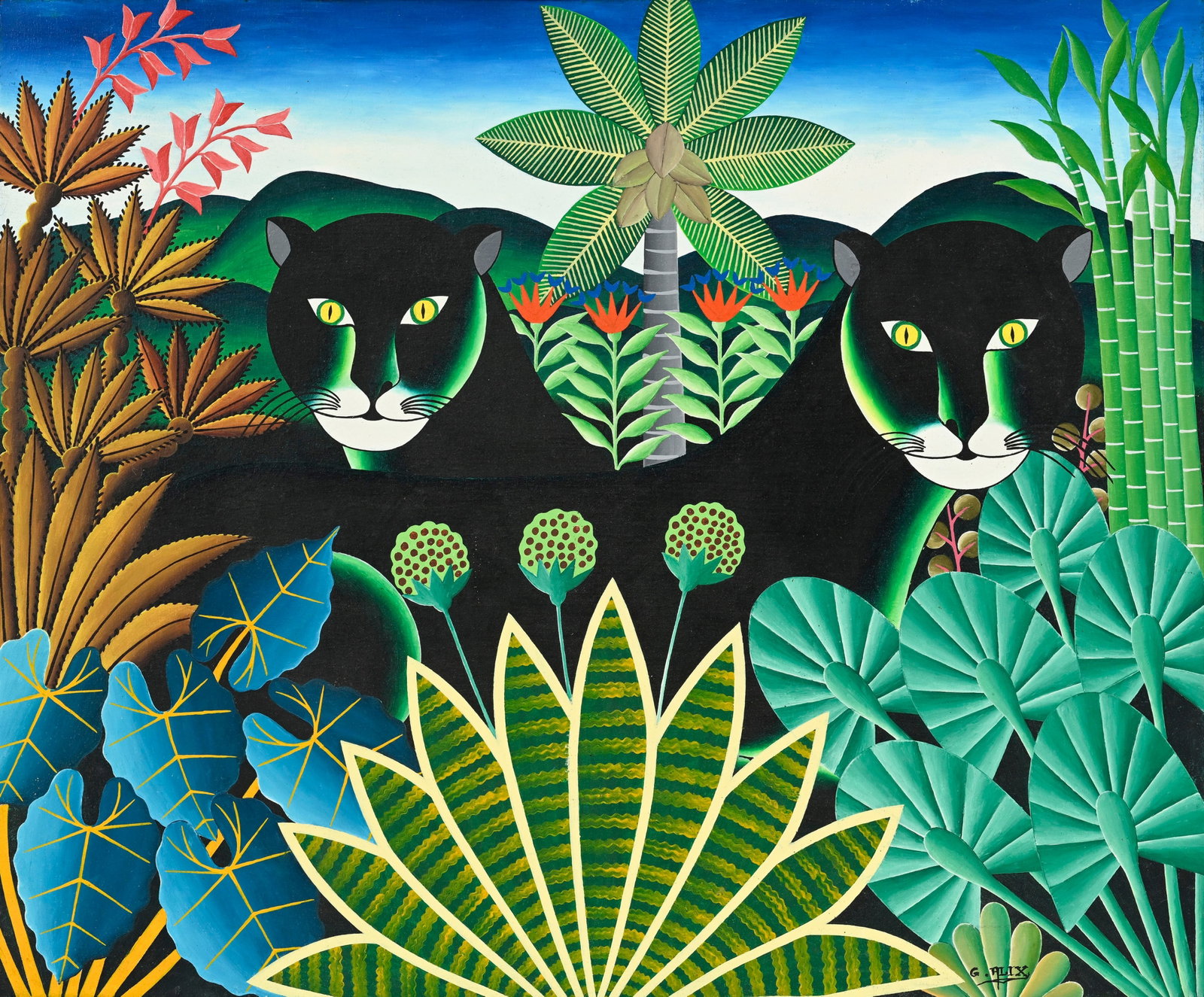 Gabriel Alix (1930-1998), Deux panthères noires, acrylique sur toile, signée, 51x61,5 cm: Gabriel Alix (1930-1998), Deux panthères noires, acrylique sur toile, signée, 51x61,5 cm