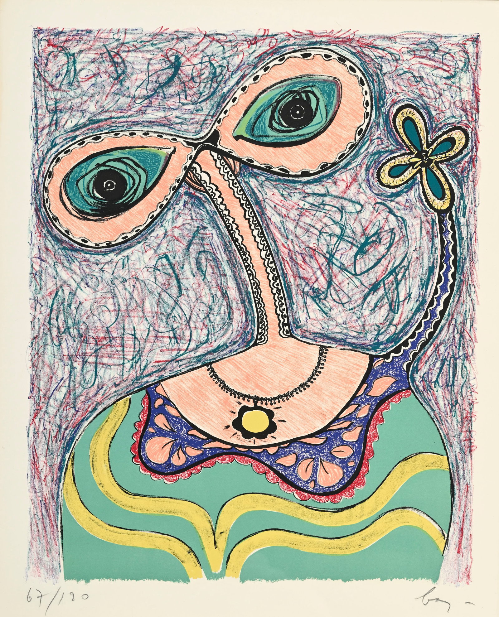 Enrico Baj (1924-2003), d'après, "Dame en robe du soir", 1972, lithographie en couleurs, sign&#: Enrico Baj (1924-2003), d'après, "Dame en robe du soir", 1972, lithographie en couleurs, signée et numérotée 67/120, 66x53 cm (à vue)