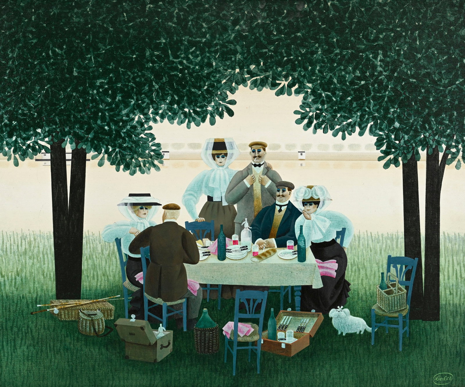 Jan Balet (1913-2009), "Déjeuner sur l'herbe", acrylique sur toile, signée, contresign: Jan Balet (1913-2009), "Déjeuner sur l'herbe", acrylique sur toile, signée, contresignée et titrée au verso, 49x59 cm