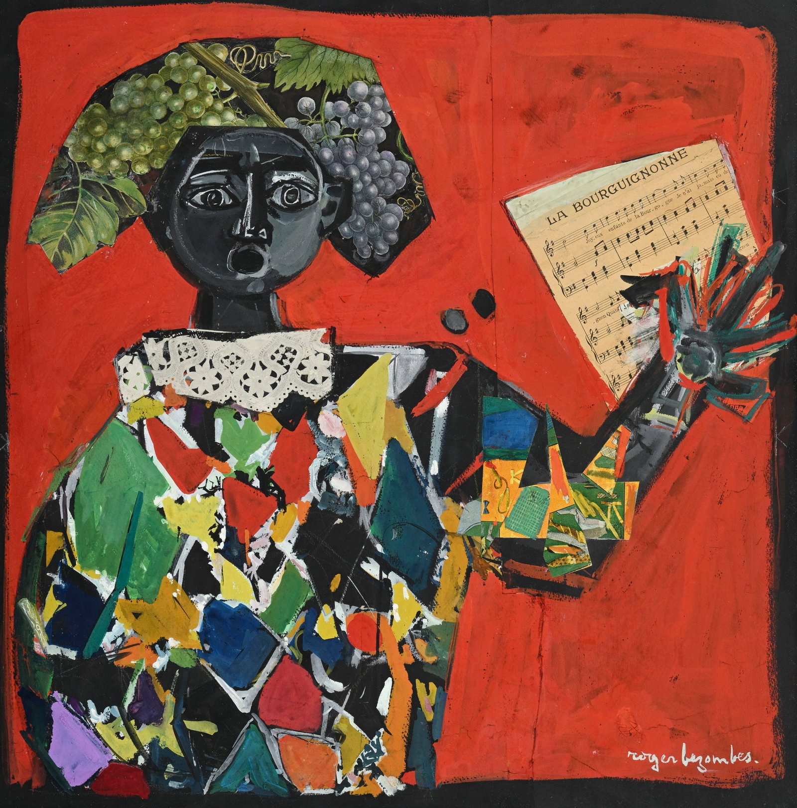 Roger Bezombes (1913-1994), "L'arlequin", technique mixte et collage sur papier, signée, contre: Roger Bezombes (1913-1994), "L'arlequin", technique mixte et collage sur papier, signée, contresignée, titrée et située au verso, 58x58 cm (à vue) Provenance: Hôtel des