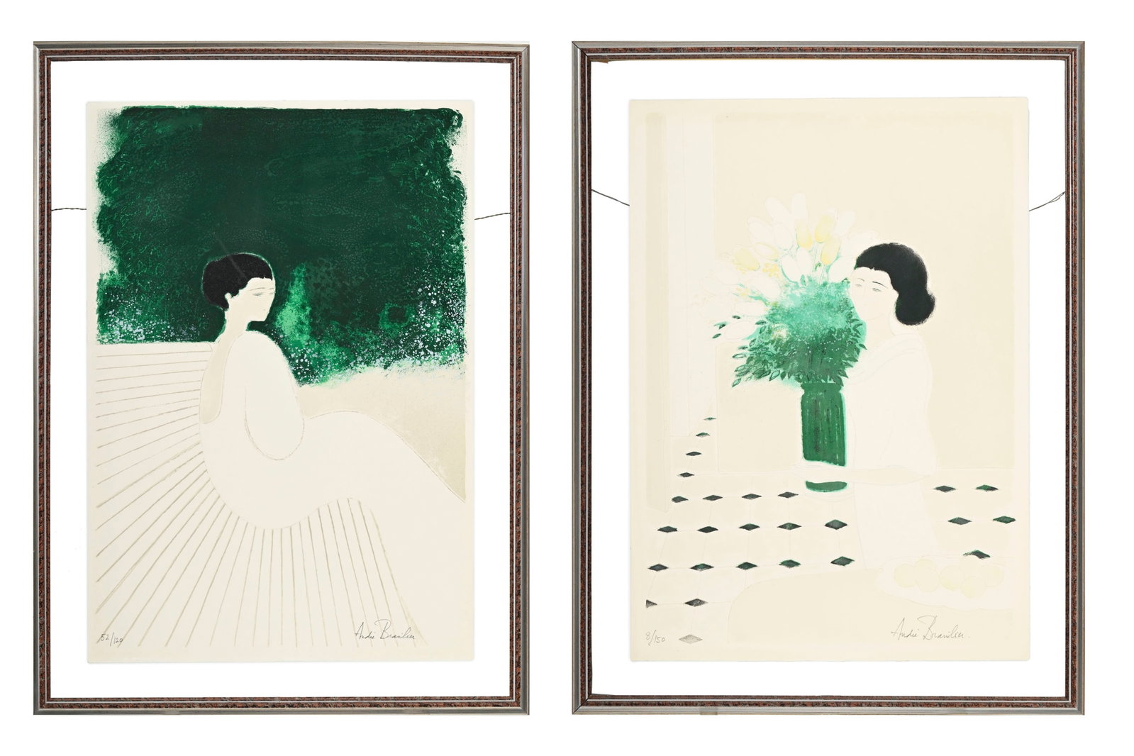 André Brasilier (1929), d'après, Jeune femme au bouquet de fleurs et Jeune femme sur un ba: André Brasilier (1929), d'après, Jeune femme au bouquet de fleurs et Jeune femme sur un banc, deux lithographies, signées et numérotées "8/150 et 52/120" au crayon, 75,5x54