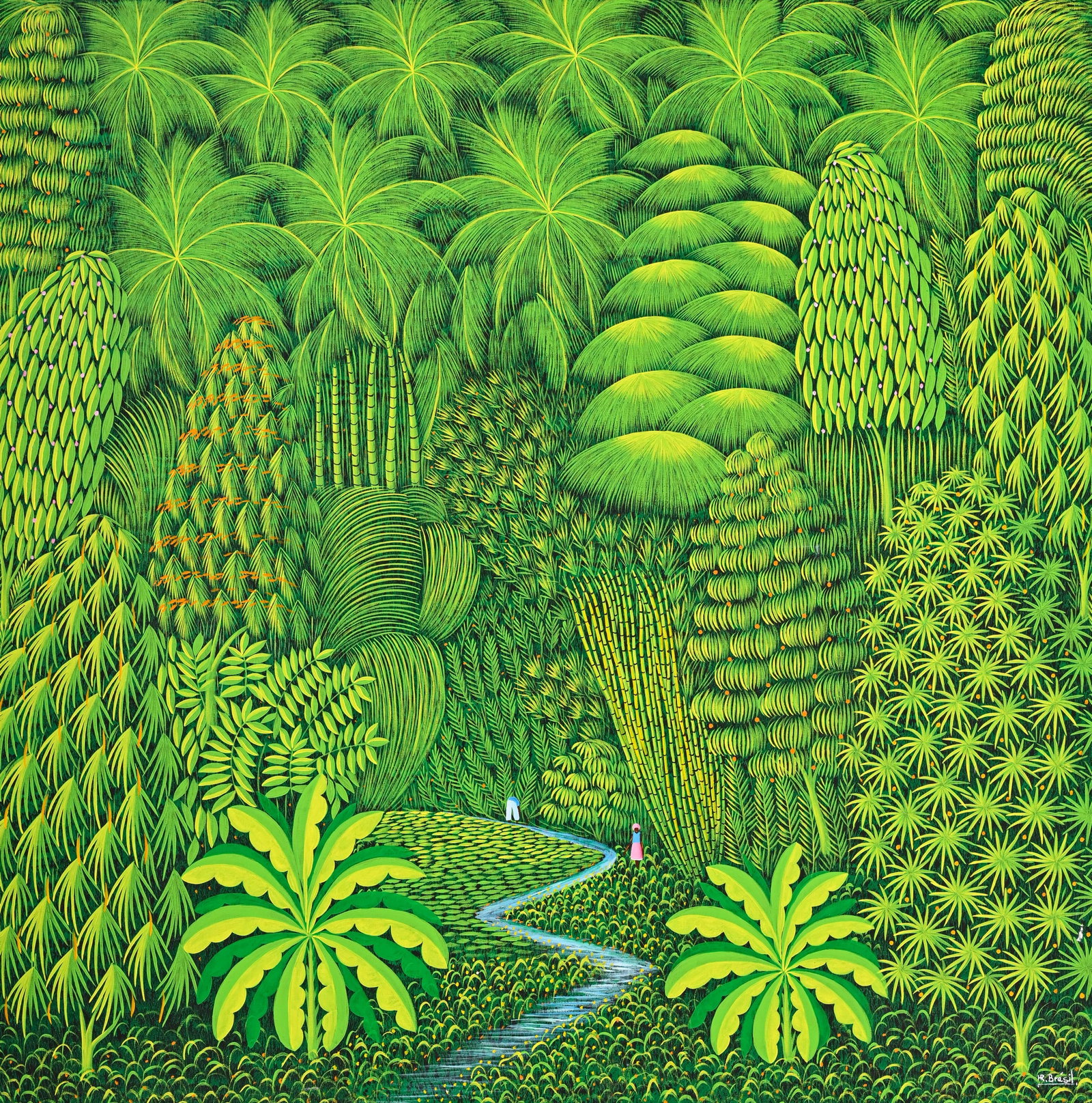 Henri Robert Brésil (1952-1999), Ruisseau serpentant dans la forêt tropicale, huile sur to: Henri Robert Brésil (1952-1999), Ruisseau serpentant dans la forêt tropicale, huile sur toile, signée, 121,5x121,5 cm Condition Quelques manques à la peinture en bordure