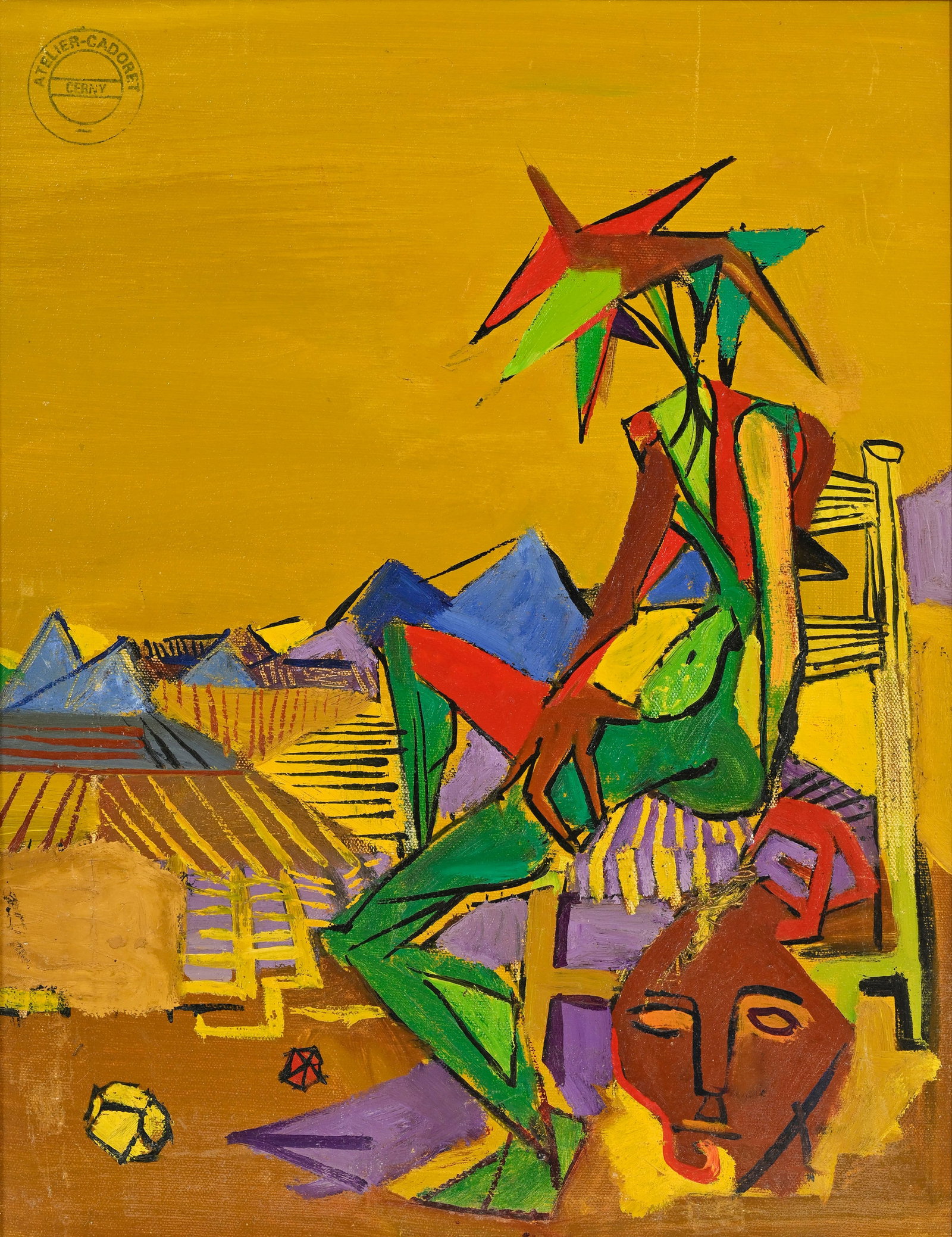 Michel Cadoret (1912-1985), "Le masque", 1950, huile sur toile, tampon d'atelier, 45,5x35,5 cm: Michel Cadoret (1912-1985), "Le masque", 1950, huile sur toile, tampon d'atelier, 45,5x35,5 cm