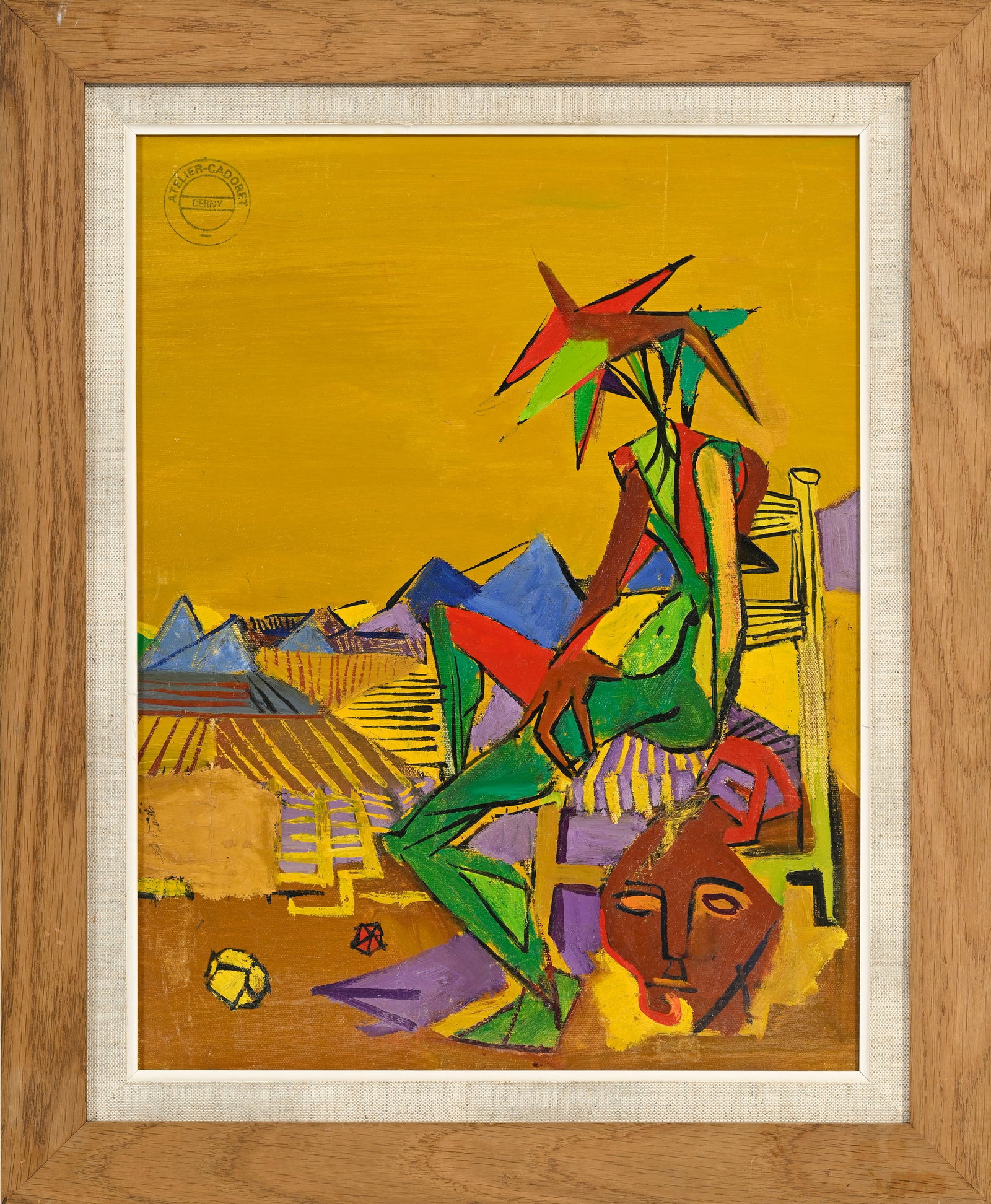 Michel Cadoret (1912-1985), "Le masque", 1950, huile sur toile, tampon d'atelier, 45,5x35,5 cm - 2