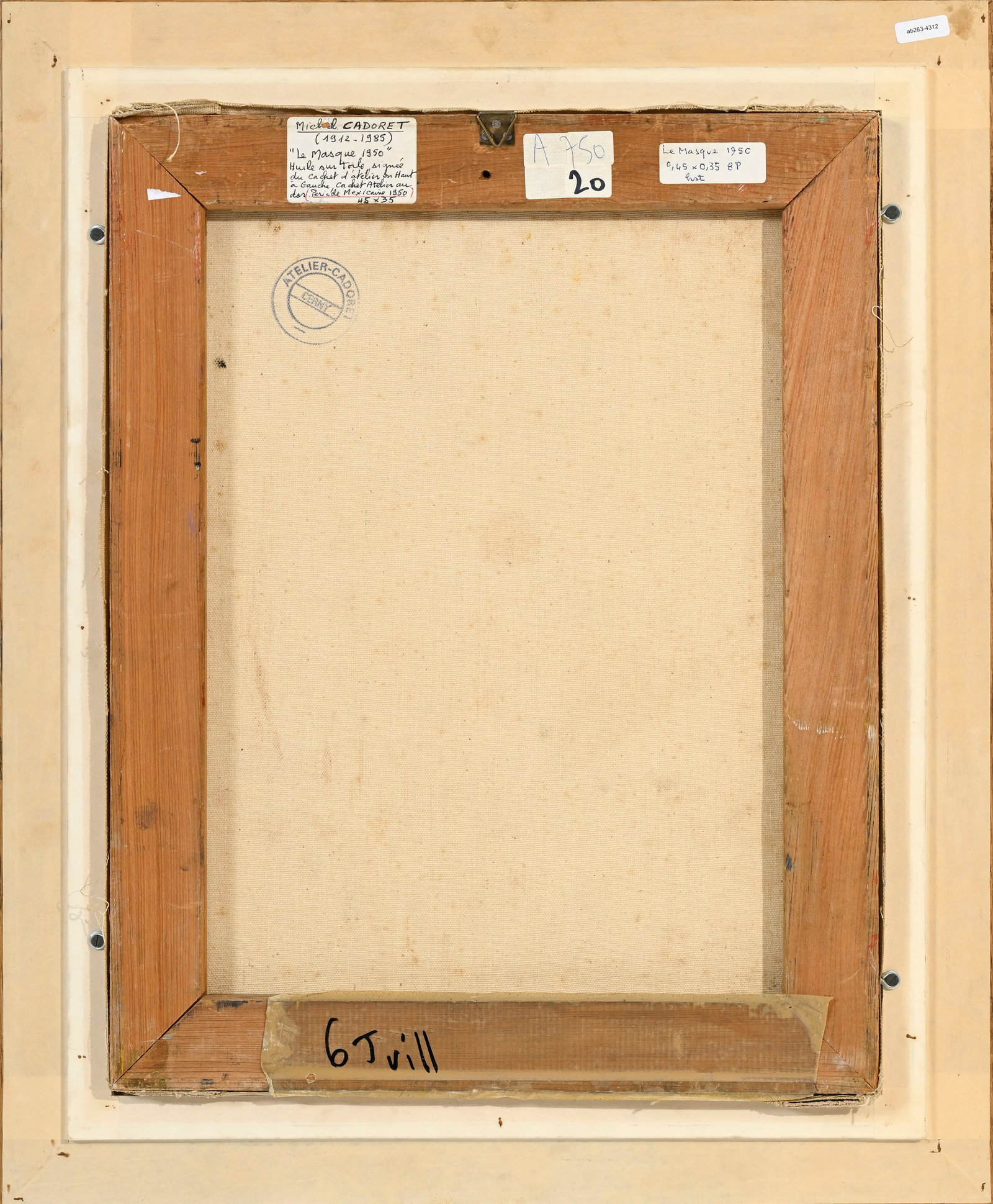 Michel Cadoret (1912-1985), "Le masque", 1950, huile sur toile, tampon d'atelier, 45,5x35,5 cm - 5