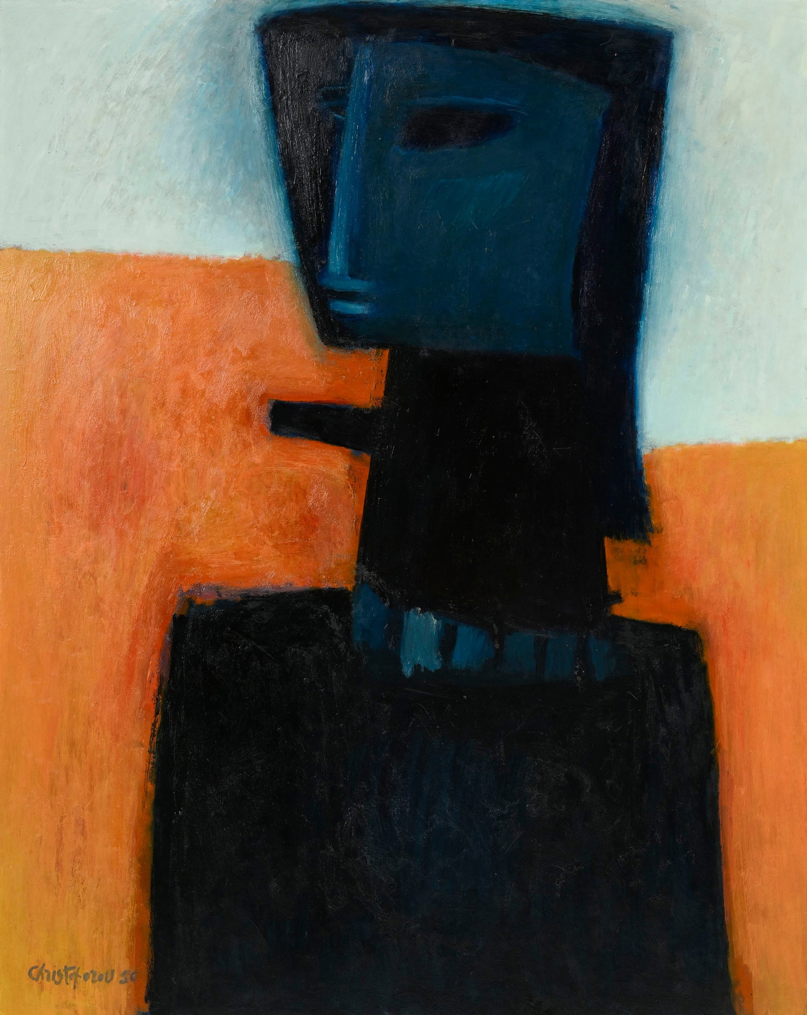 John Christoforou (1921-2014), "Blue Woman", 1950, huile sur panneau, signée et datée, con: John Christoforou (1921-2014), "Blue Woman", 1950, huile sur panneau, signée et datée, contresignée, contredatée et titrée au verso, 121,5x96,5 cm
