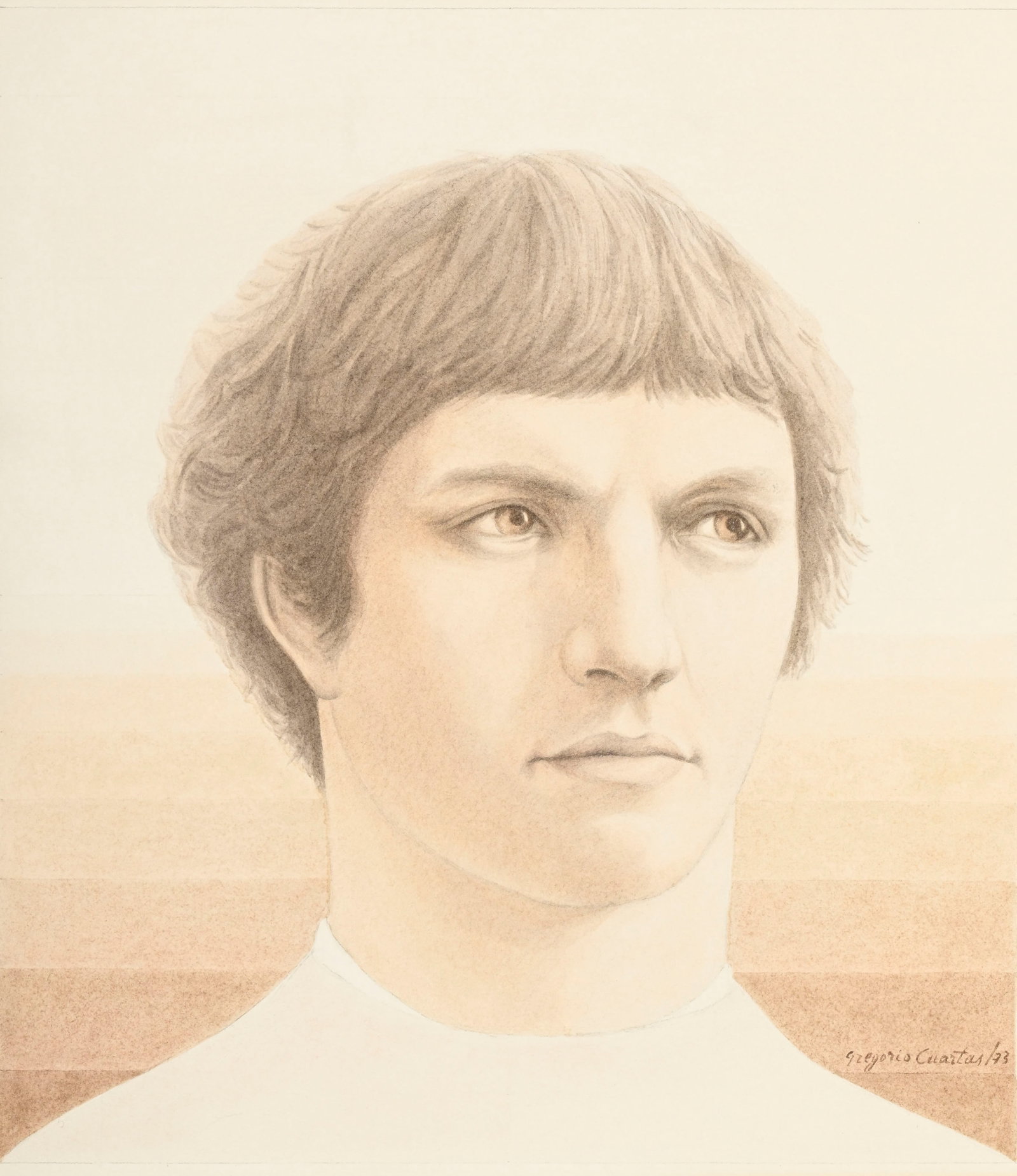 Gregorio Cuartas (1938), "Portrait d'un inconnu", 1973, encre de couleur sur papier, signée et : Gregorio Cuartas (1938), "Portrait d'un inconnu", 1973, encre de couleur sur papier, signée et datée, 43x46 cm (à vue) Au verso: étiquette de la Galerie Arta, Genève, no. 1310