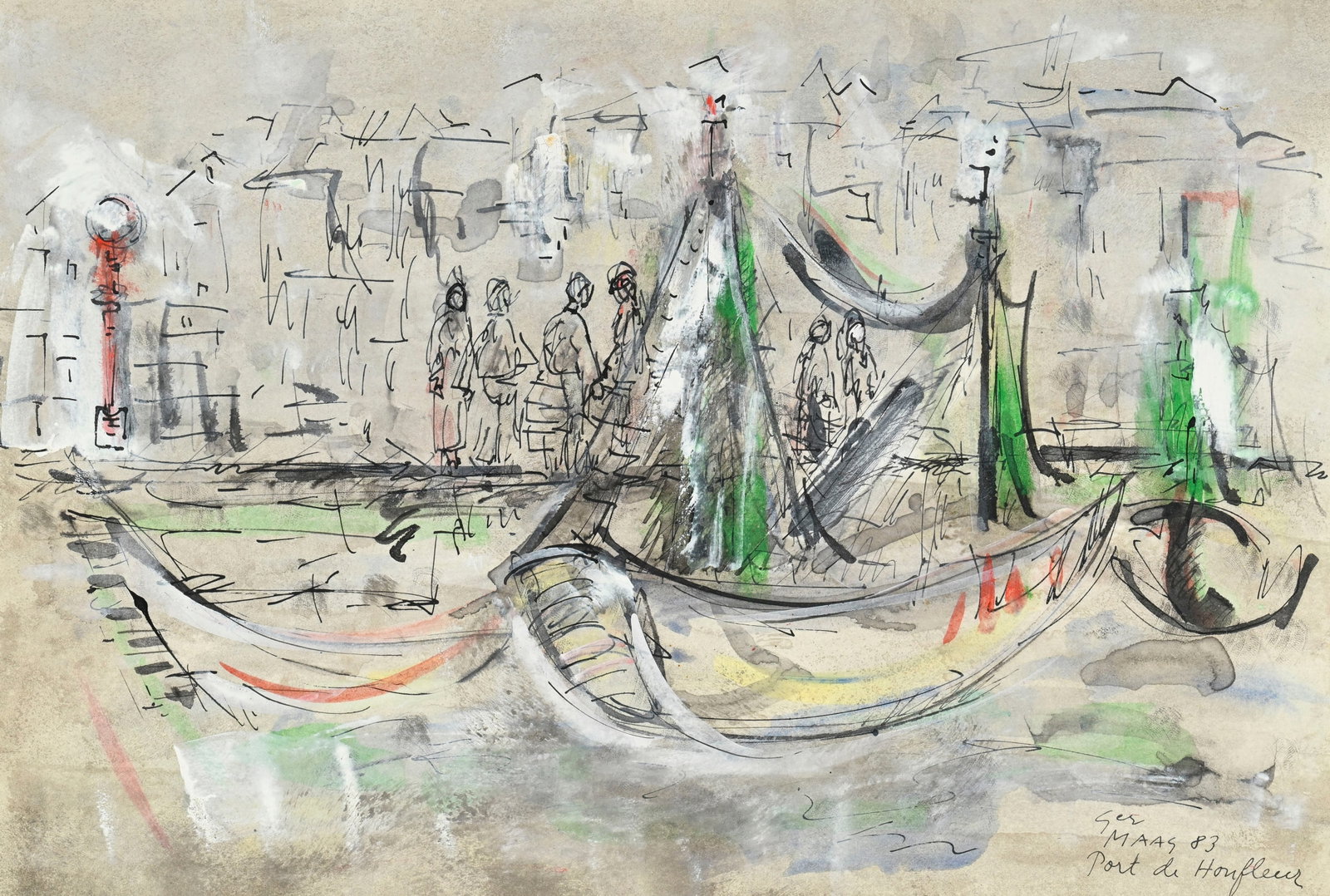Ger Maas (1931-2020), Vue du port de Honfleur, 1983, aquarelle, encre et gouache sur papier, sign: Ger Maas (1931-2020), Vue du port de Honfleur, 1983, aquarelle, encre et gouache sur papier, signée, datée et située "Port de Honfleur", 27,5x40,5 cm (à vue)