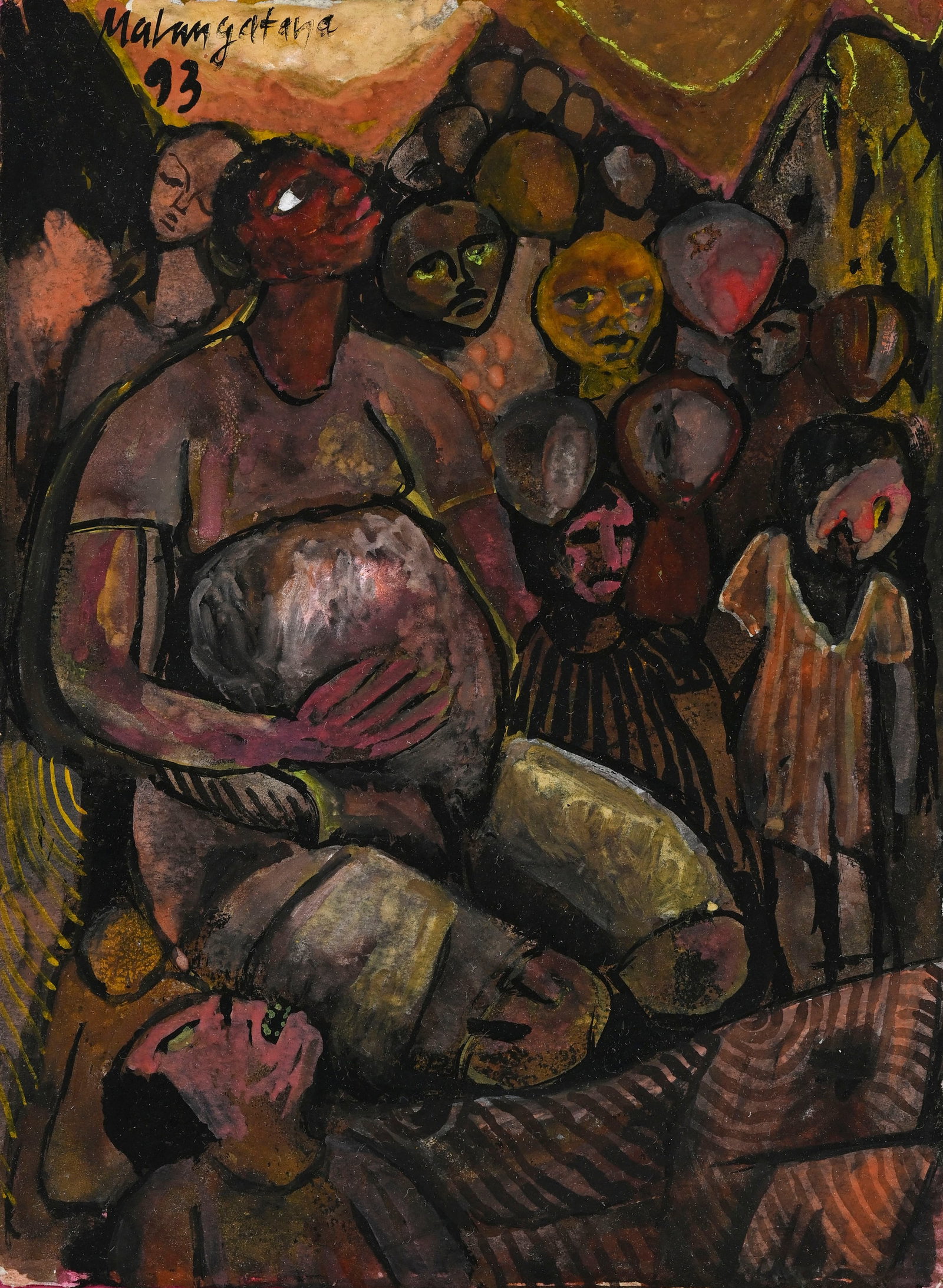Malangatana (1936-2011), Femme enceinte au milieu de la foule, 1993, gouache sur papier, signée: Malangatana (1936-2011), Femme enceinte au milieu de la foule, 1993, gouache sur papier, signée et datée, 23,5x17,5 cm