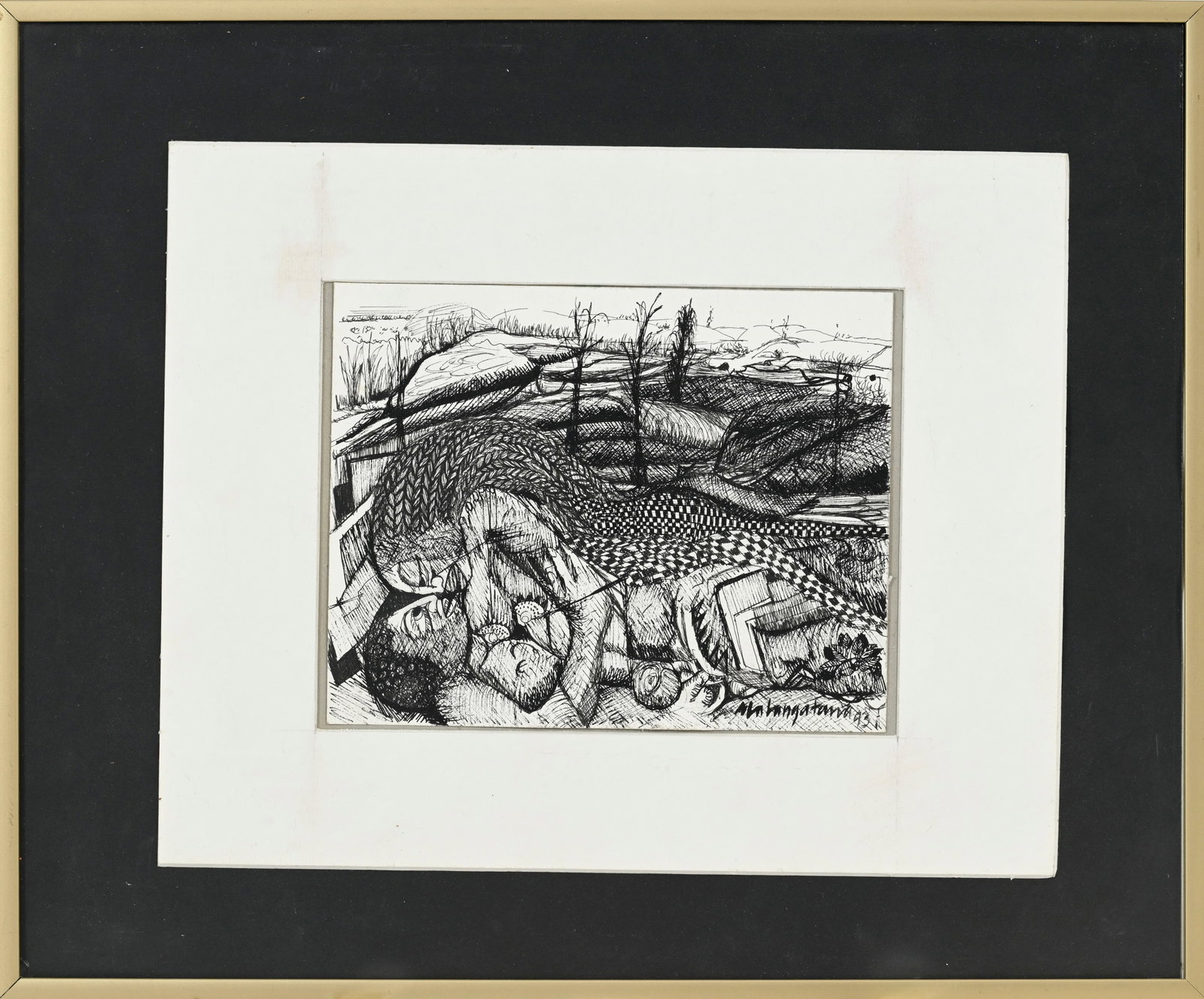 Malangatana (1936-2011), Couple dans un paysage, 1993, encre sur papier, signée et datée,  - 2
