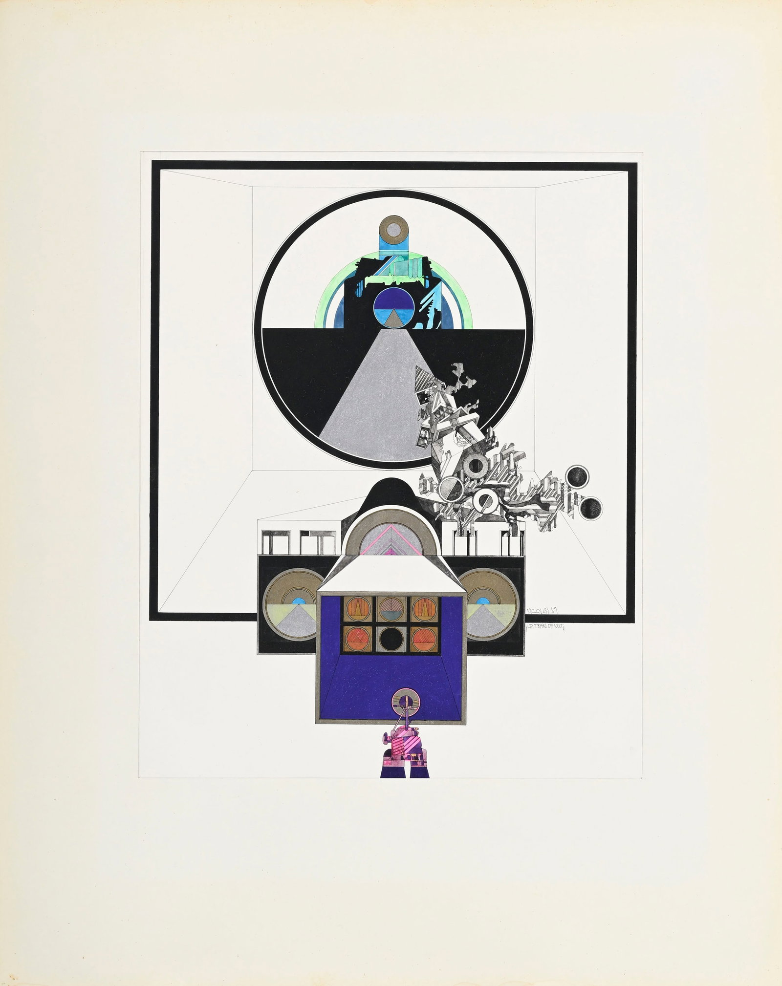 Nicolas (XX), "Les trains de nuit", 1969, technique mixte sur papier, signée, datée et tit: Nicolas (XX), "Les trains de nuit", 1969, technique mixte sur papier, signée, datée et titrée, 37x30cm (à vue)