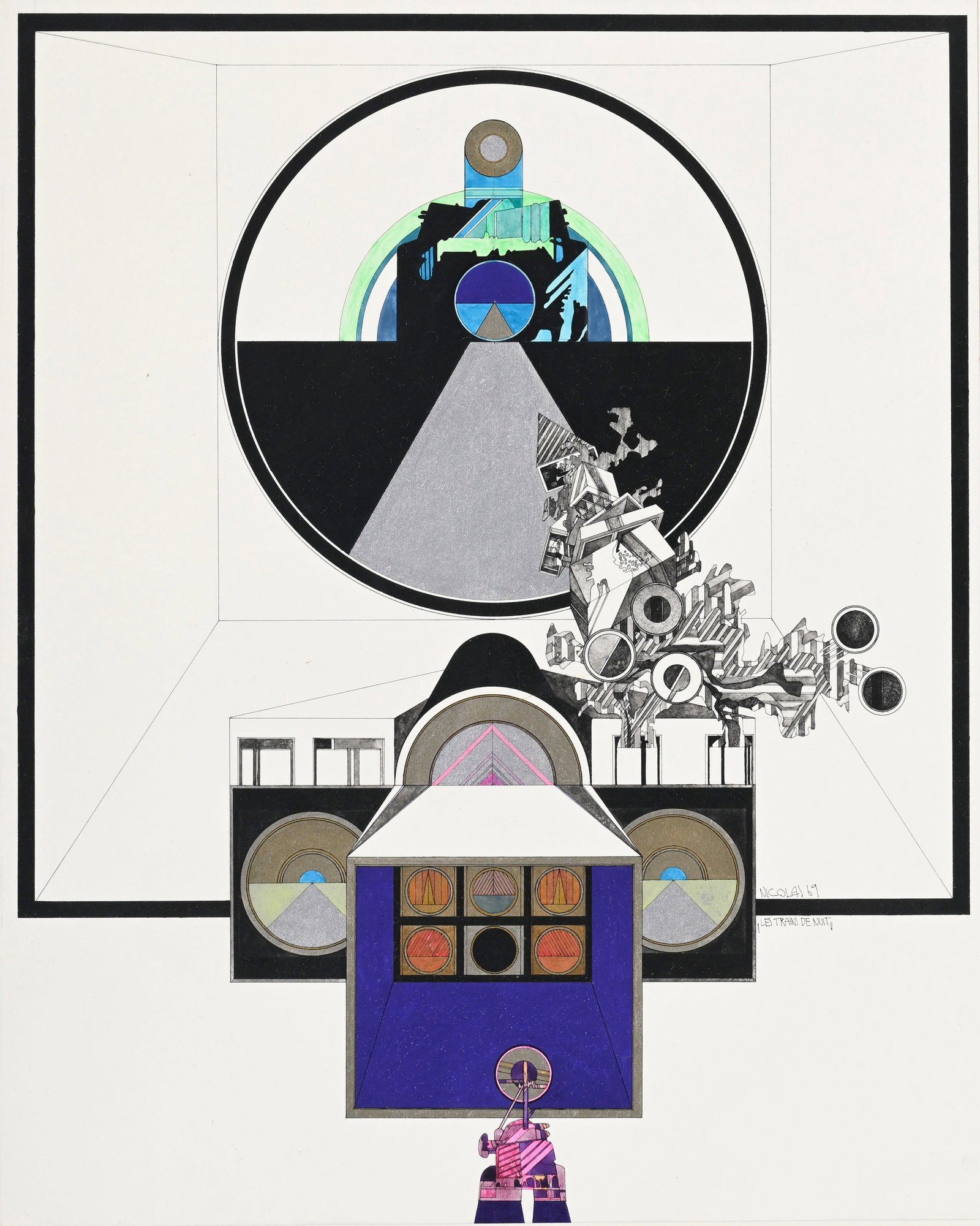Nicolas (XX), "Les trains de nuit", 1969, technique mixte sur papier, signée, datée et tit - 3